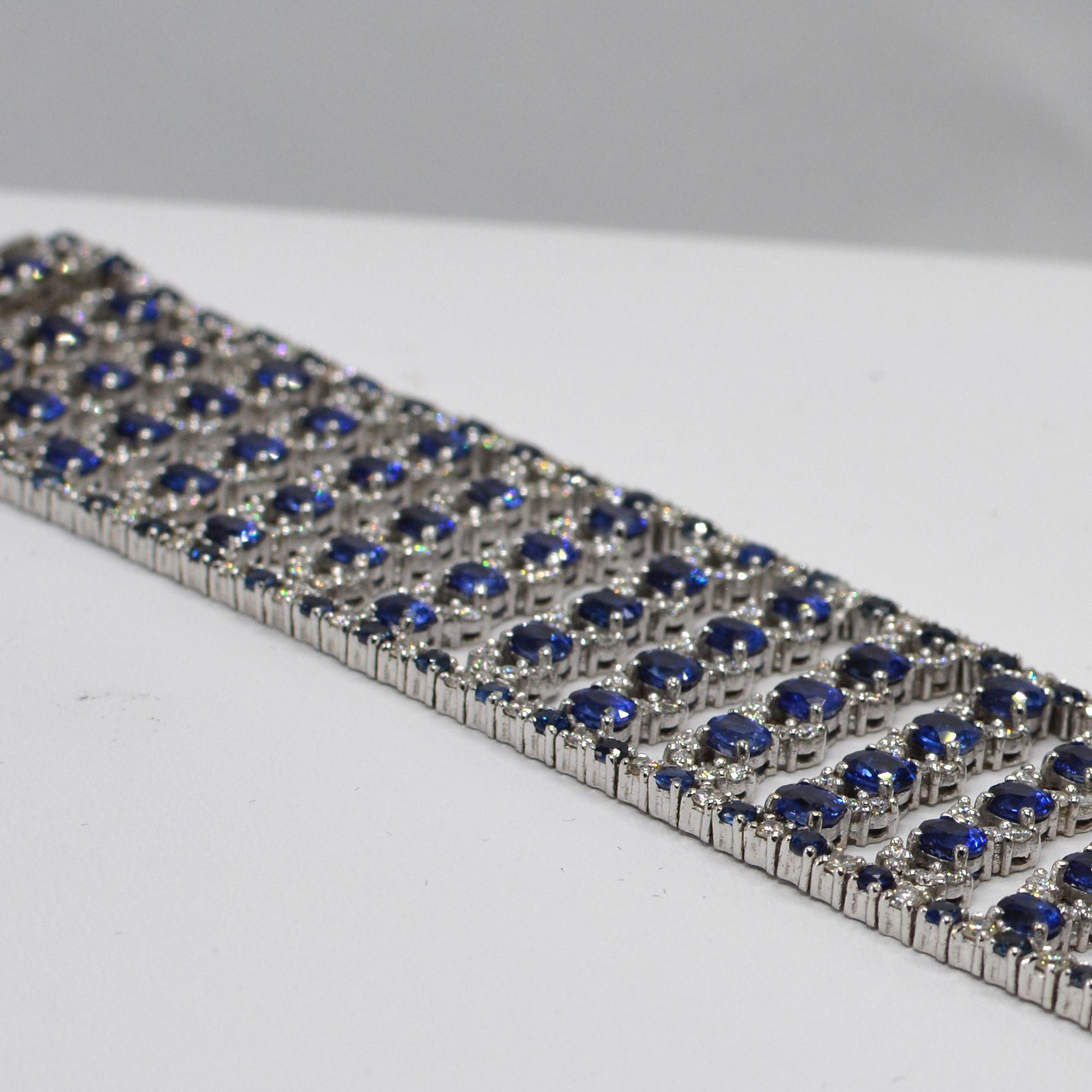 Oval Cut Wide Bracelet Blue Sapphire and Diamond Bracelet 14 Karat White Gold For Sale