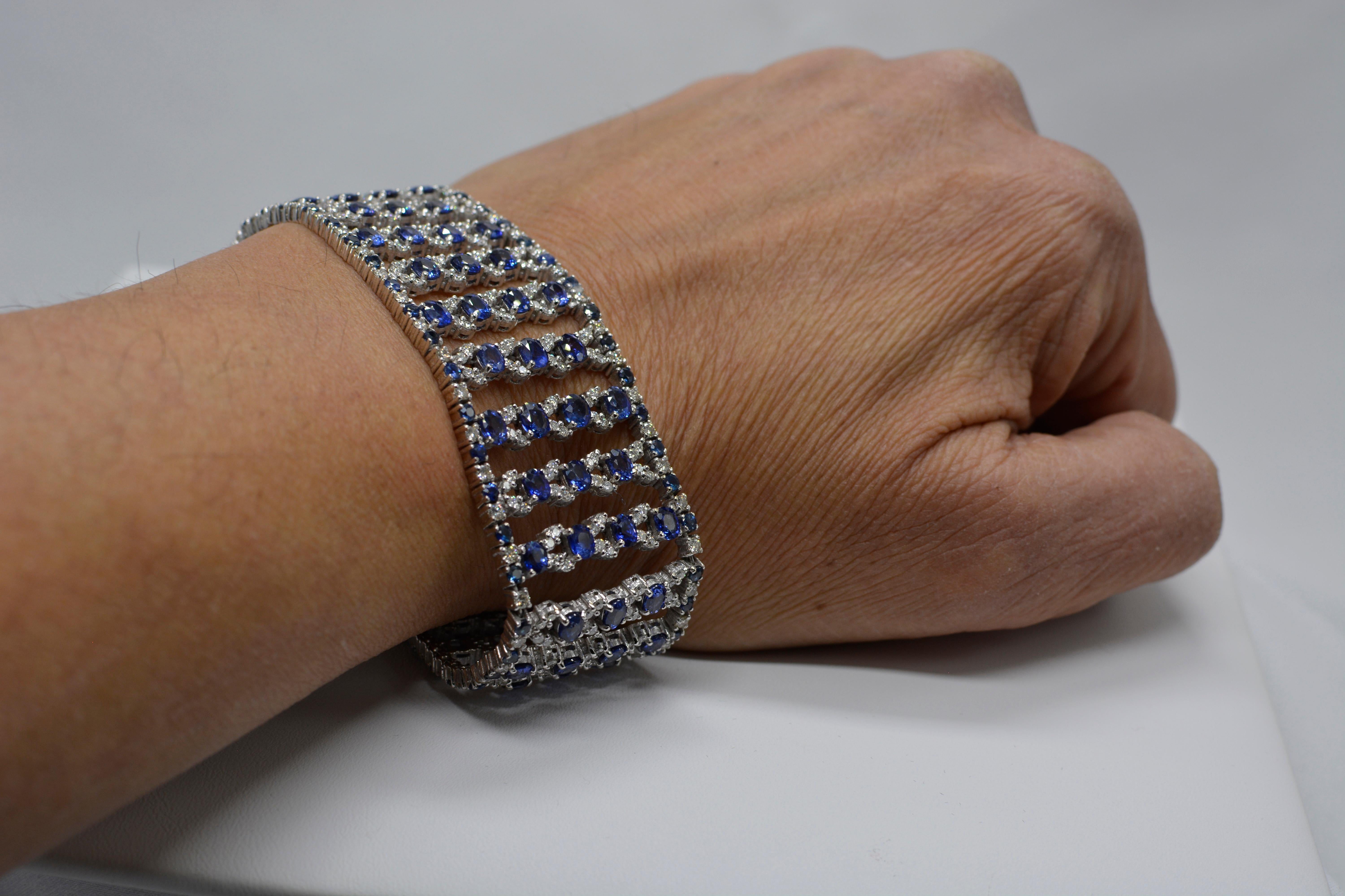 Wide Bracelet Blue Sapphire and Diamond Bracelet 14 Karat White Gold In New Condition For Sale In Brooklyn, NY