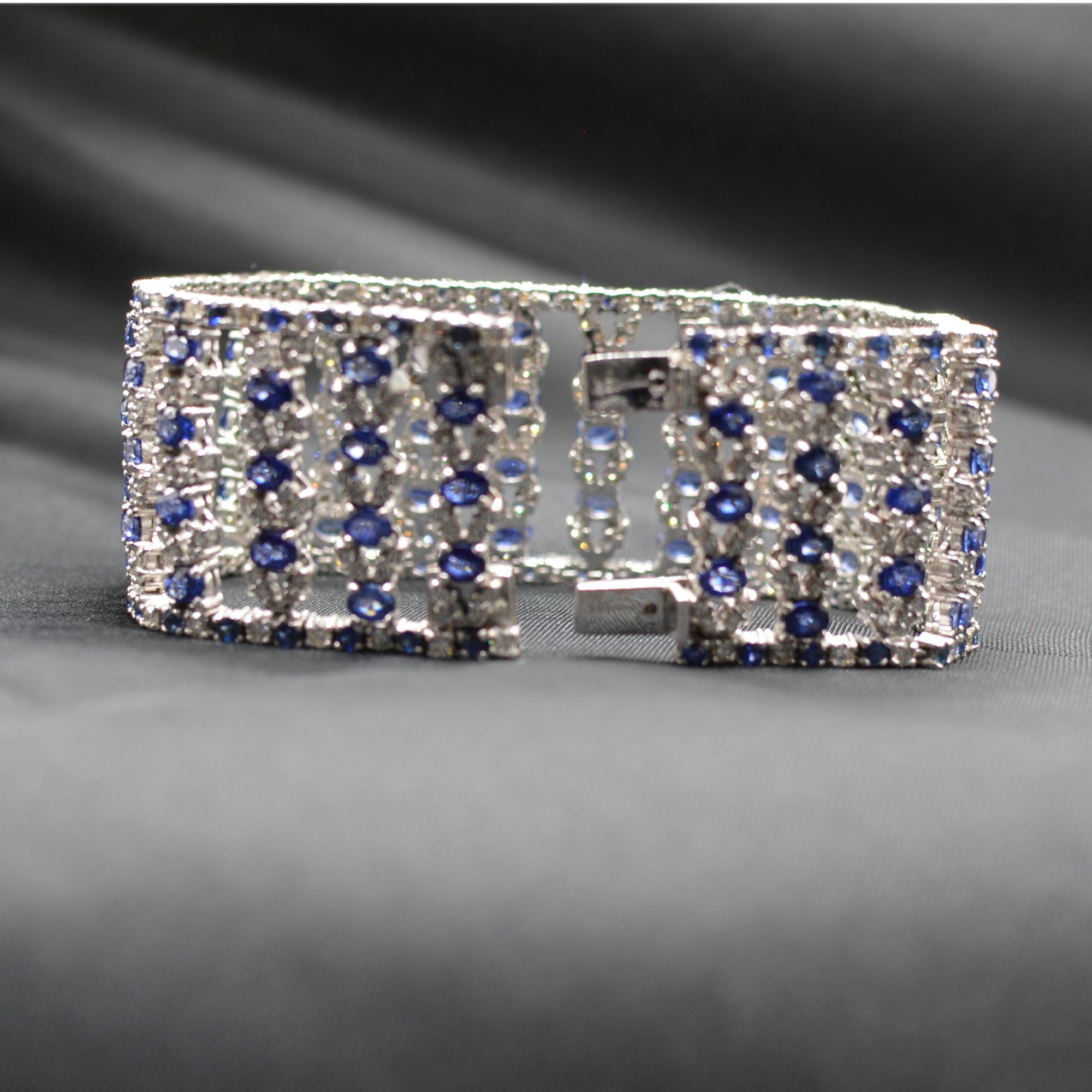Women's Wide Bracelet Blue Sapphire and Diamond Bracelet 14 Karat White Gold For Sale