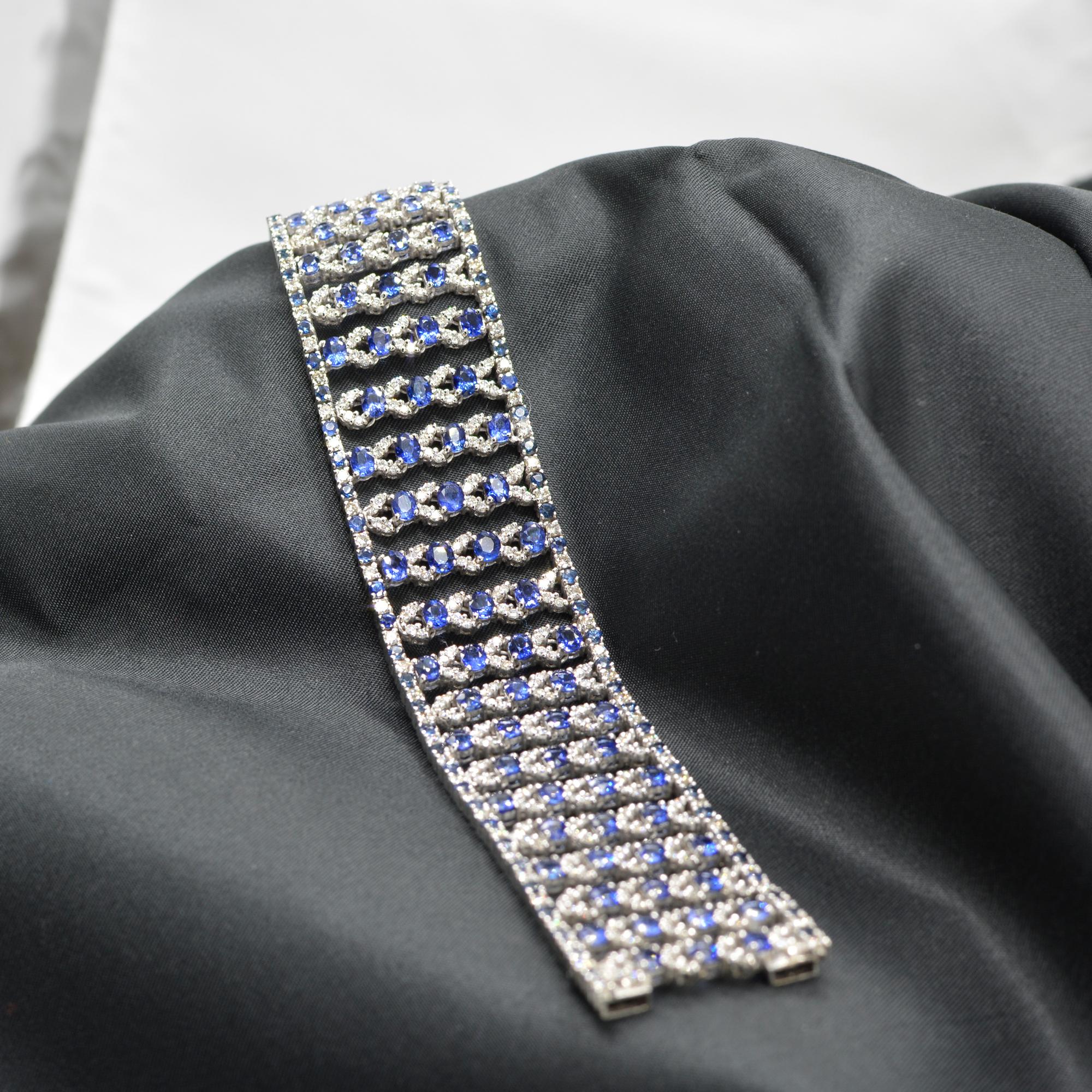 Wide Bracelet Blue Sapphire and Diamond Bracelet 14 Karat White Gold For Sale 1