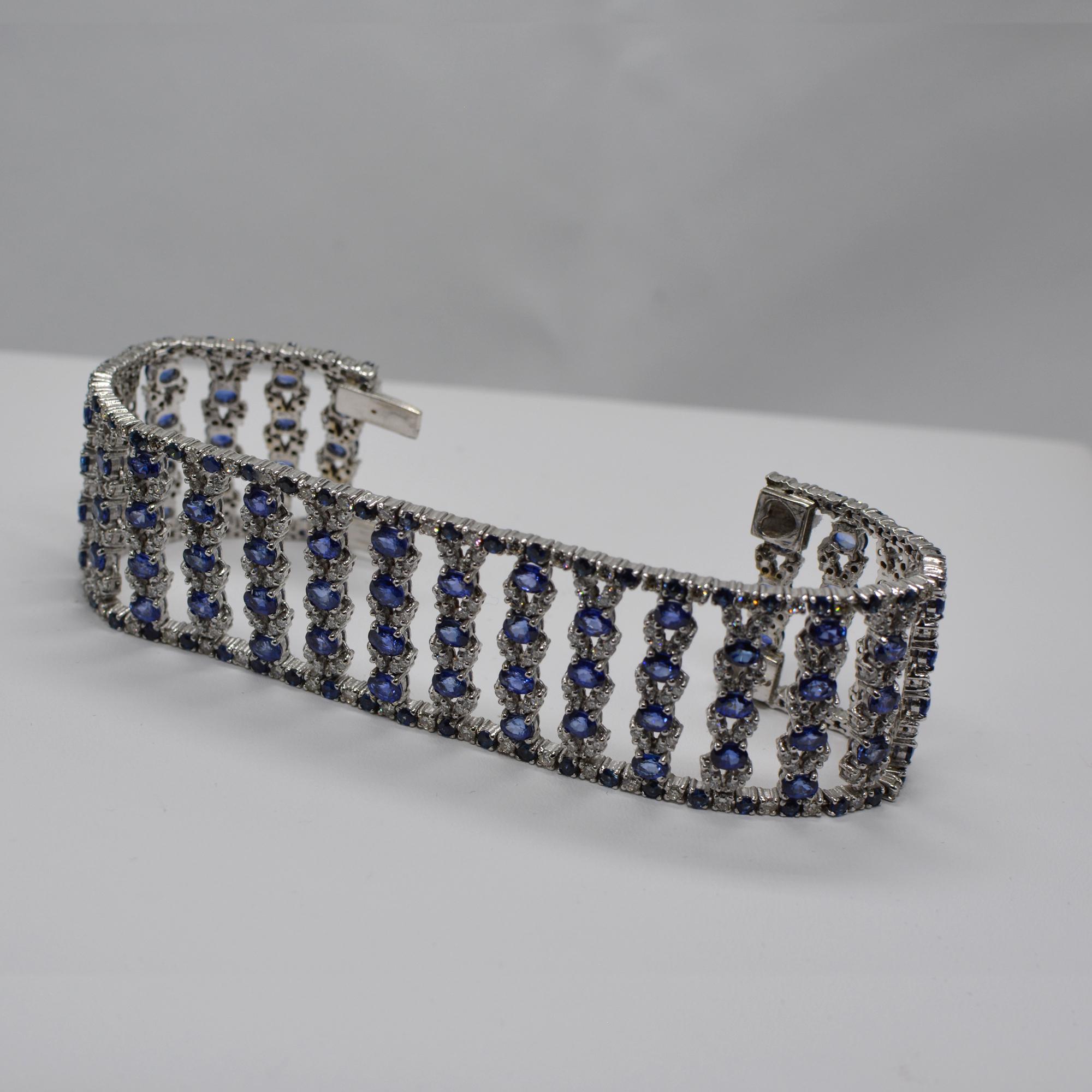 Wide Bracelet Blue Sapphire and Diamond Bracelet 14 Karat White Gold For Sale 2