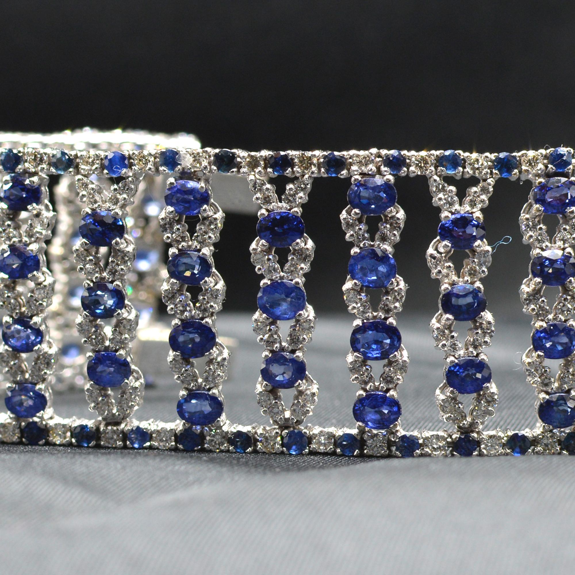 Wide Bracelet Blue Sapphire and Diamond Bracelet 14 Karat White Gold For Sale 3
