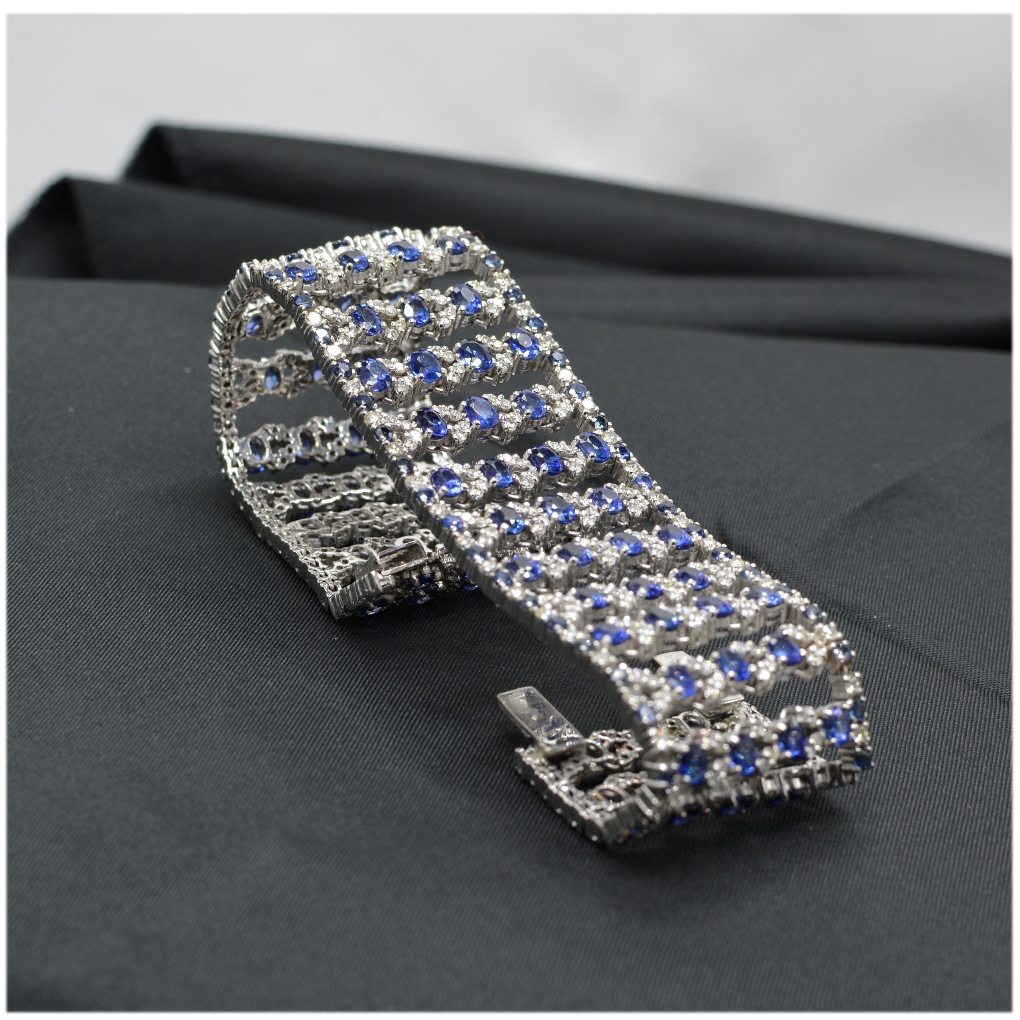 Wide Bracelet Blue Sapphire and Diamond Bracelet 14 Karat White Gold For Sale 4
