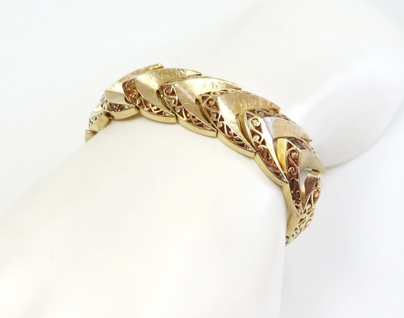 Wide Bracelet with Chevron and Scroll Design, 14 Karat Yellow Gold 6
