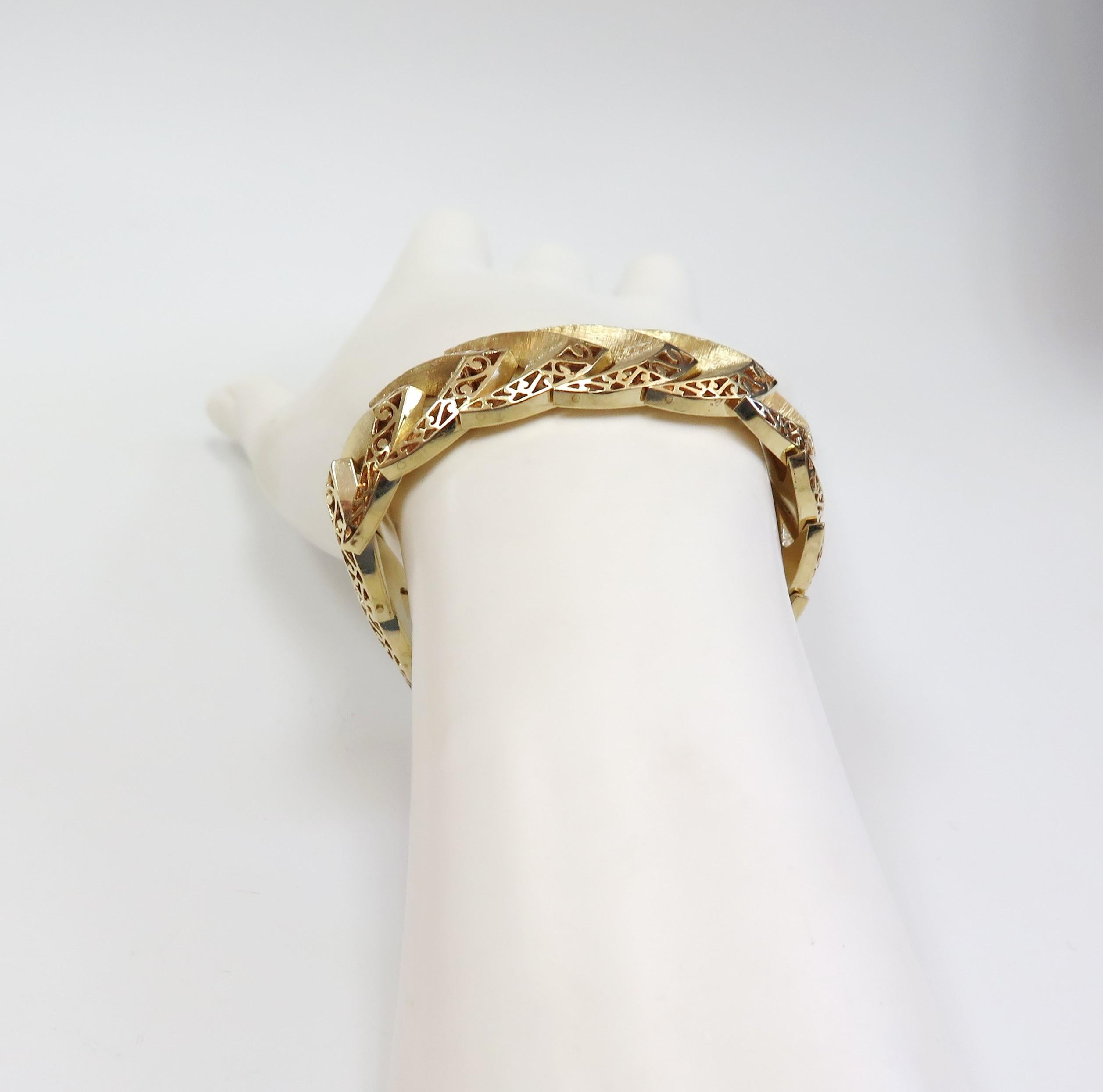 Wide Bracelet with Chevron and Scroll Design, 14 Karat Yellow Gold 8