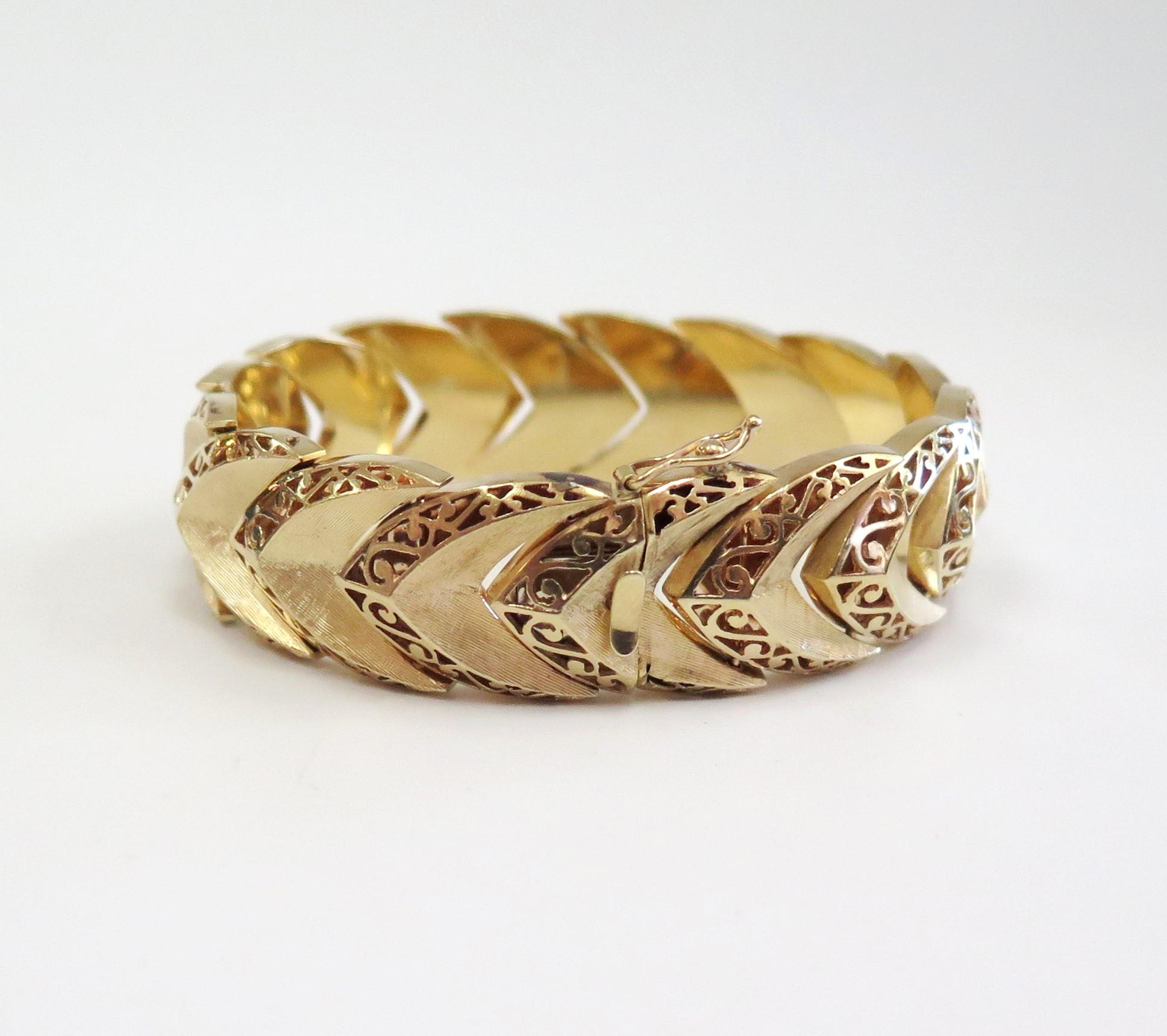 Wide Bracelet with Chevron and Scroll Design, 14 Karat Yellow Gold 9