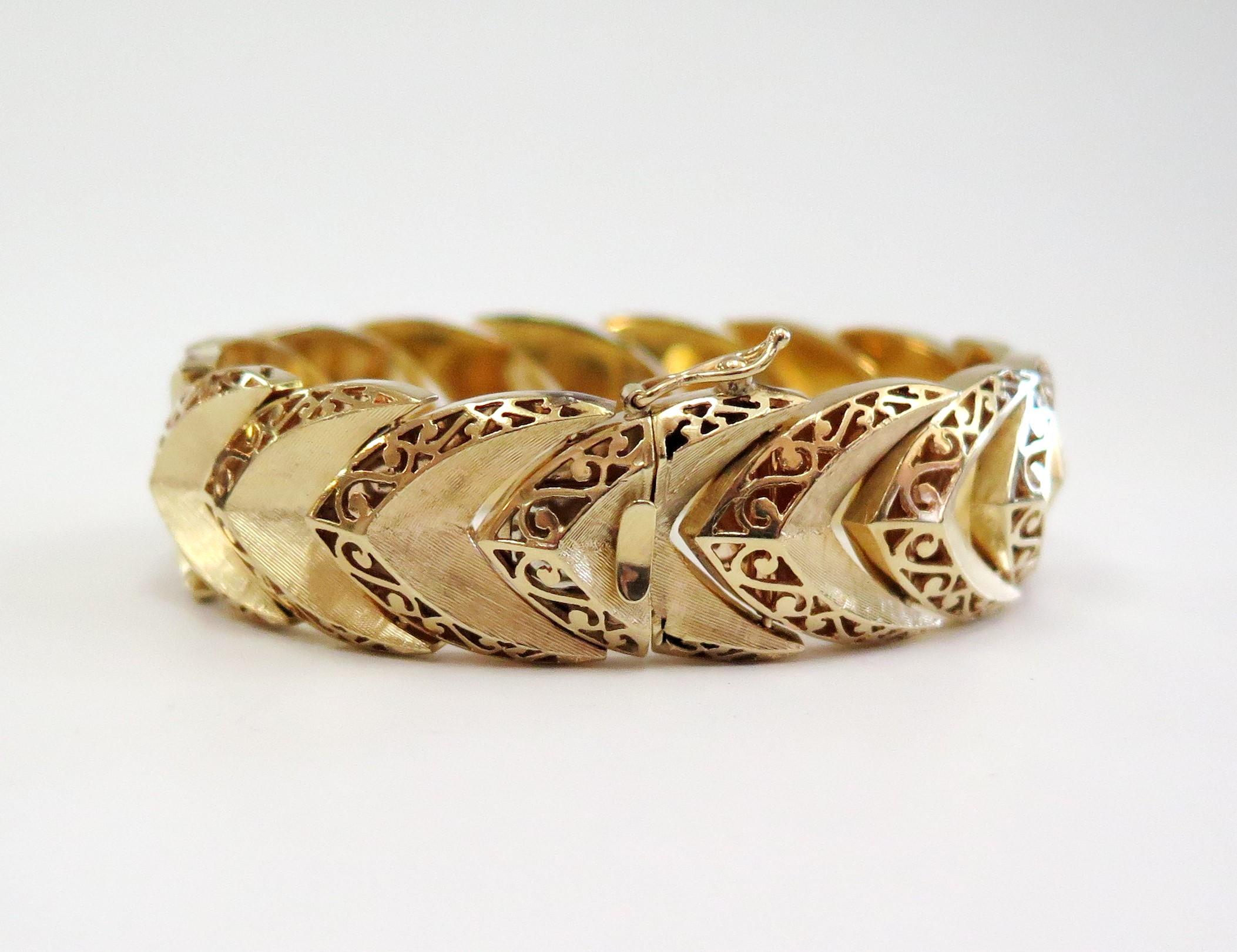 Wide Bracelet with Chevron and Scroll Design, 14 Karat Yellow Gold 10