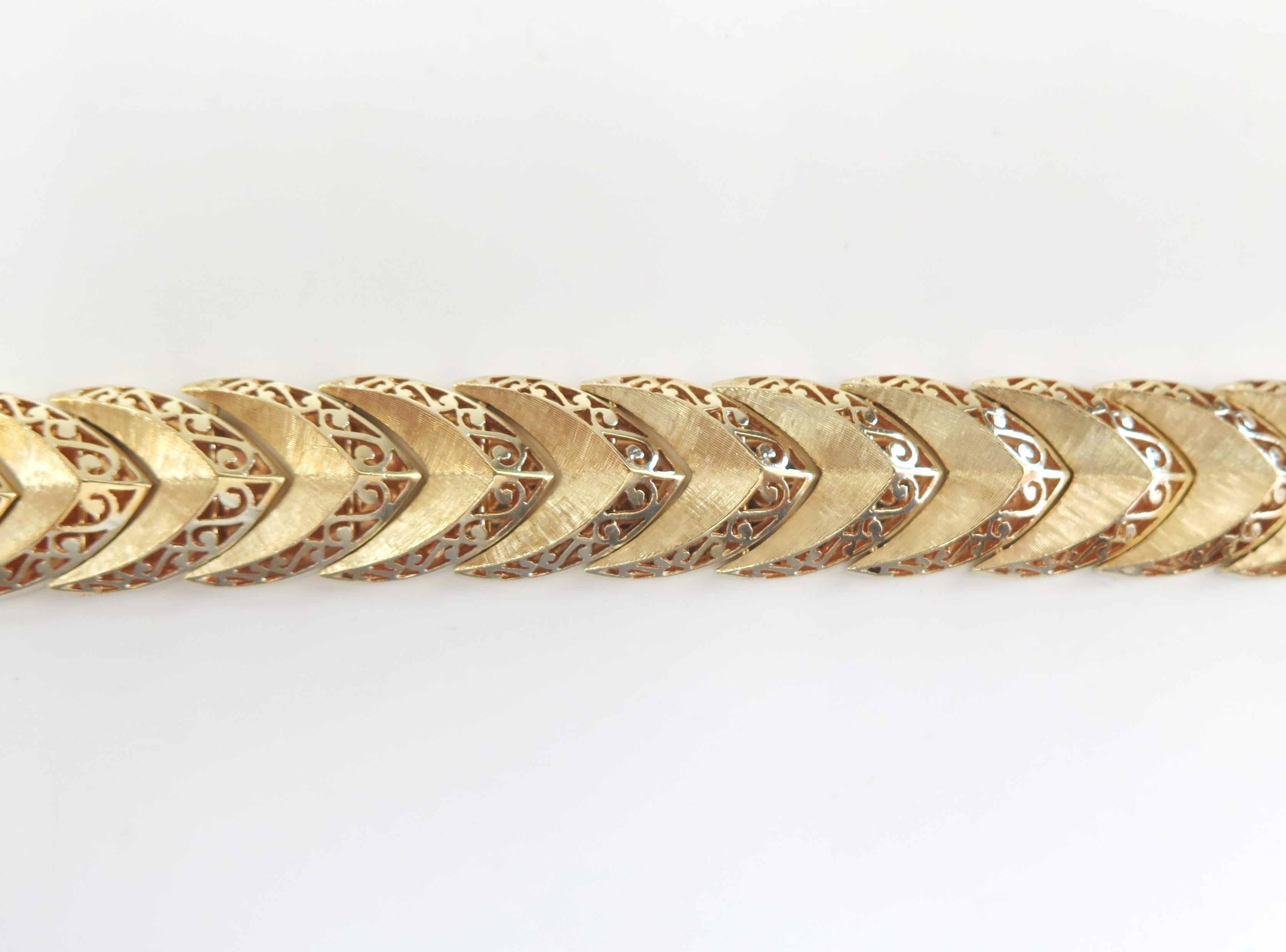Wide Bracelet with Chevron and Scroll Design, 14 Karat Yellow Gold In Good Condition In Bellmore, NY