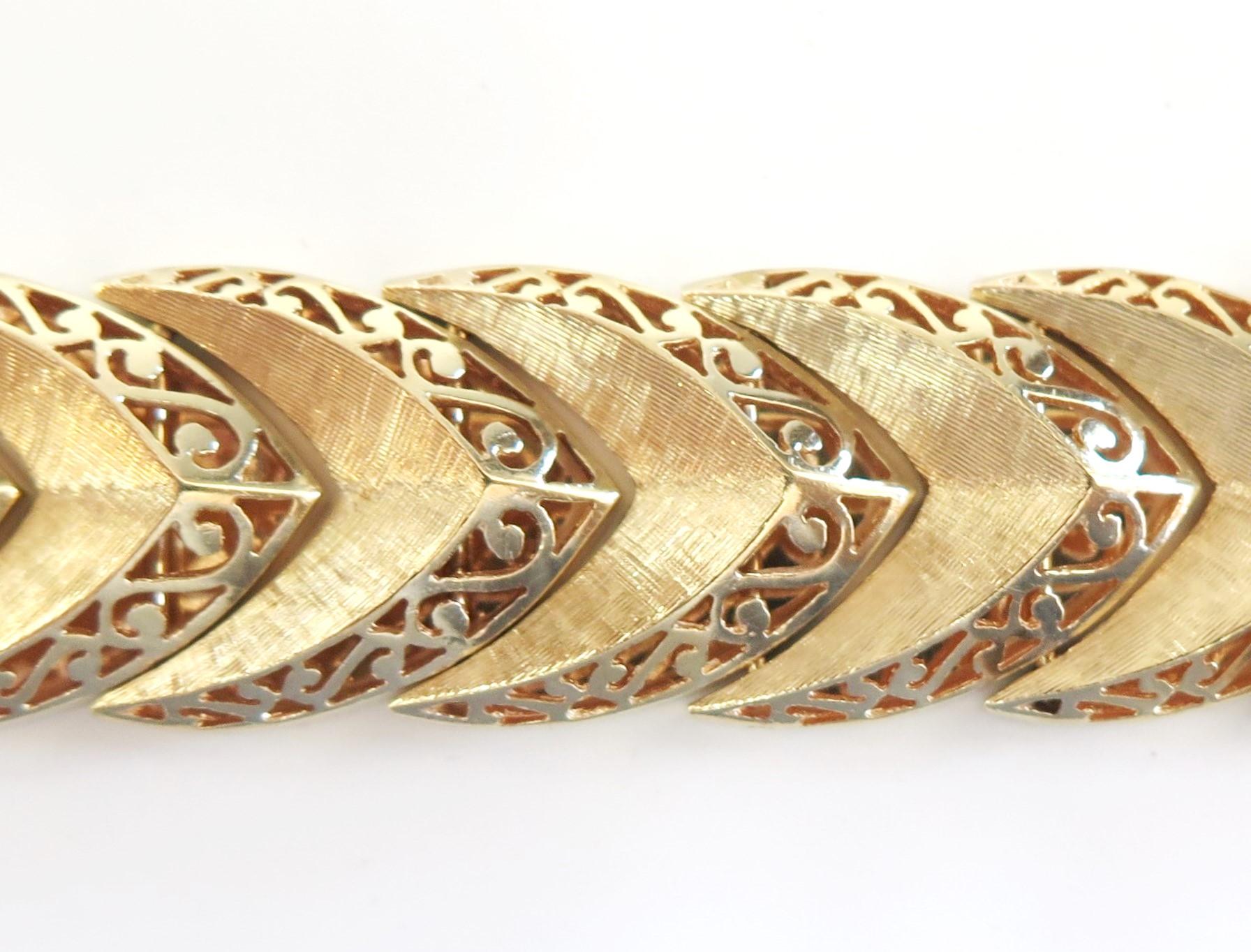 Women's Wide Bracelet with Chevron and Scroll Design, 14 Karat Yellow Gold