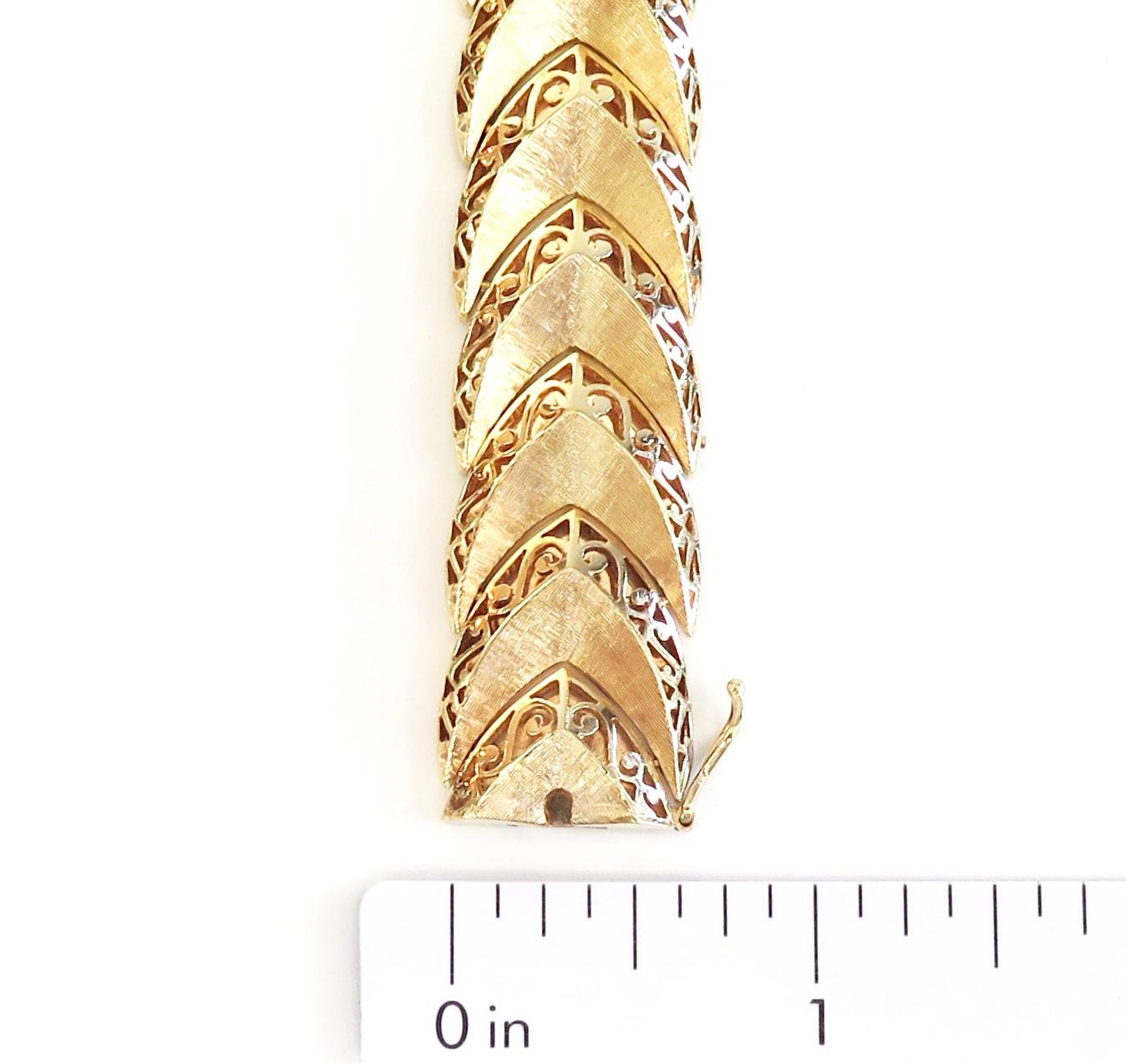 Wide Bracelet with Chevron and Scroll Design, 14 Karat Yellow Gold 1