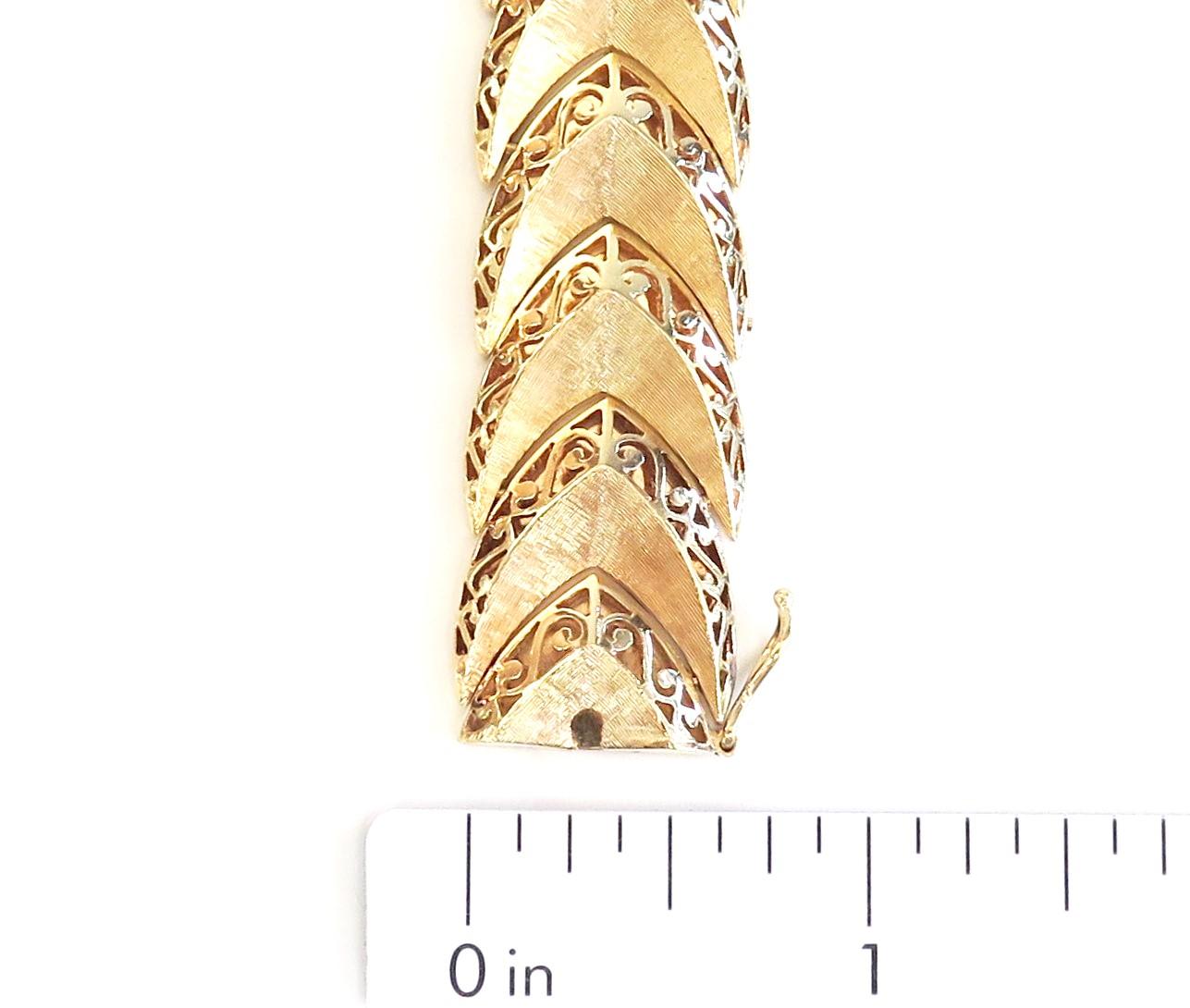 Wide Bracelet with Chevron and Scroll Design, 14 Karat Yellow Gold 2