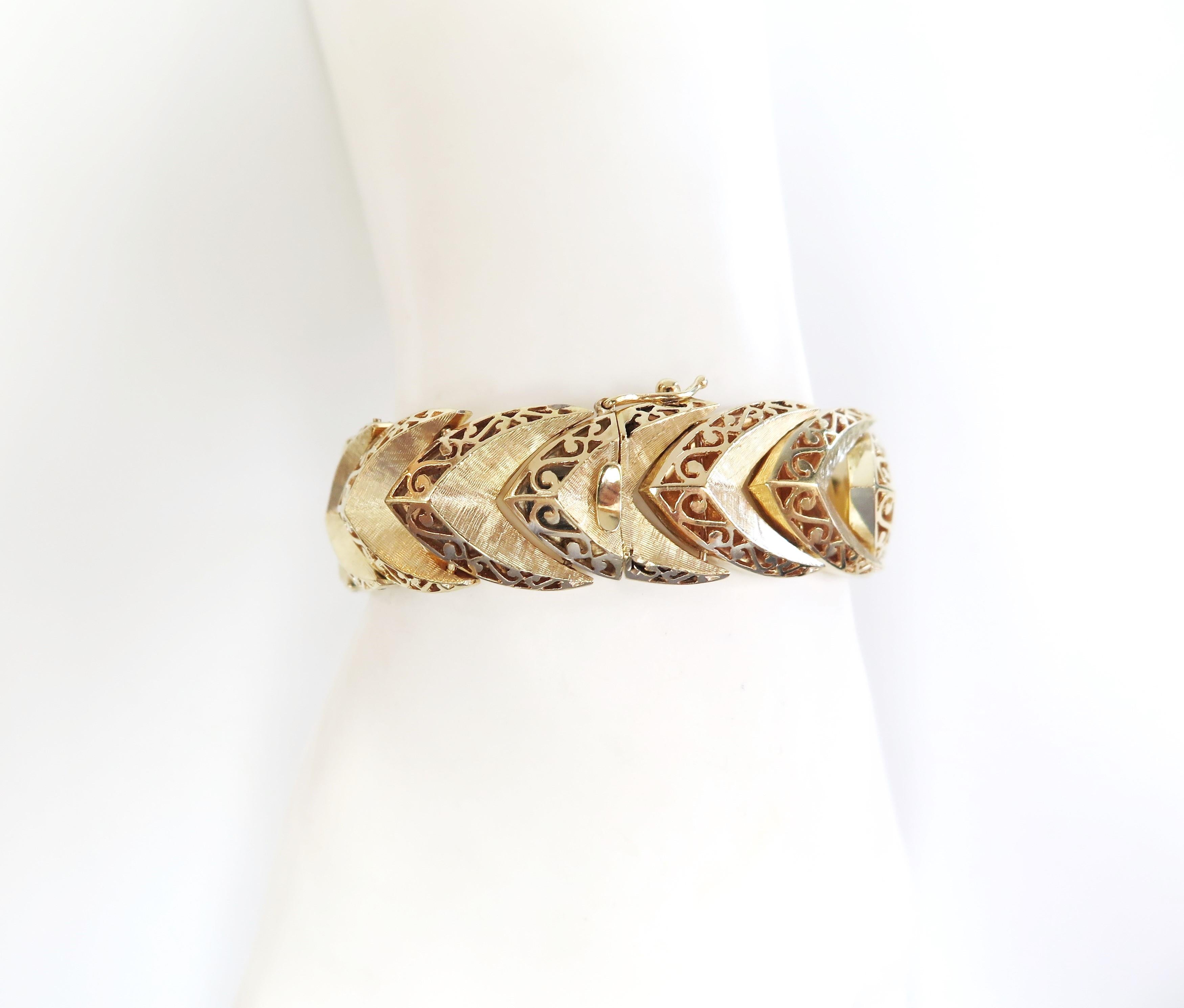 Wide Bracelet with Chevron and Scroll Design, 14 Karat Yellow Gold 3