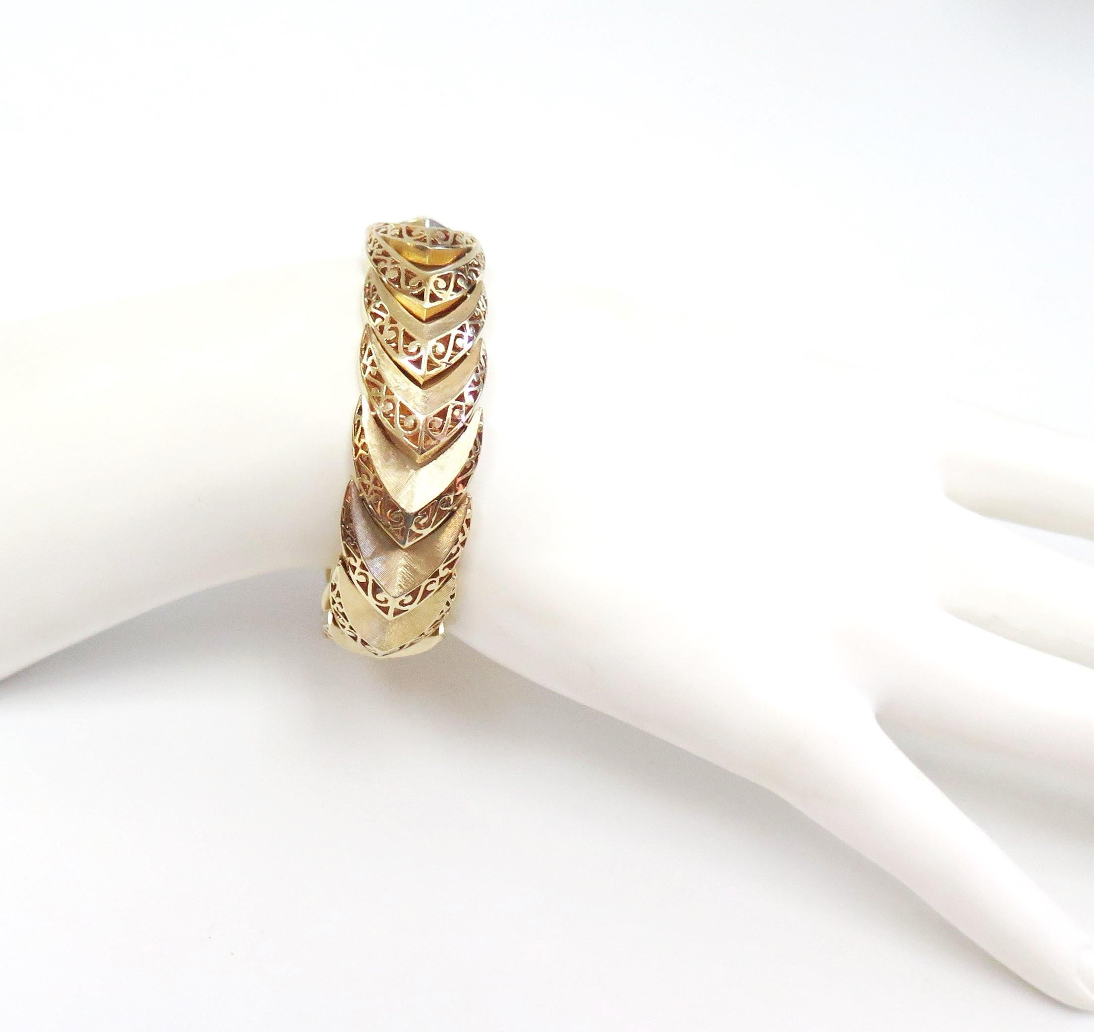 Wide Bracelet with Chevron and Scroll Design, 14 Karat Yellow Gold 4