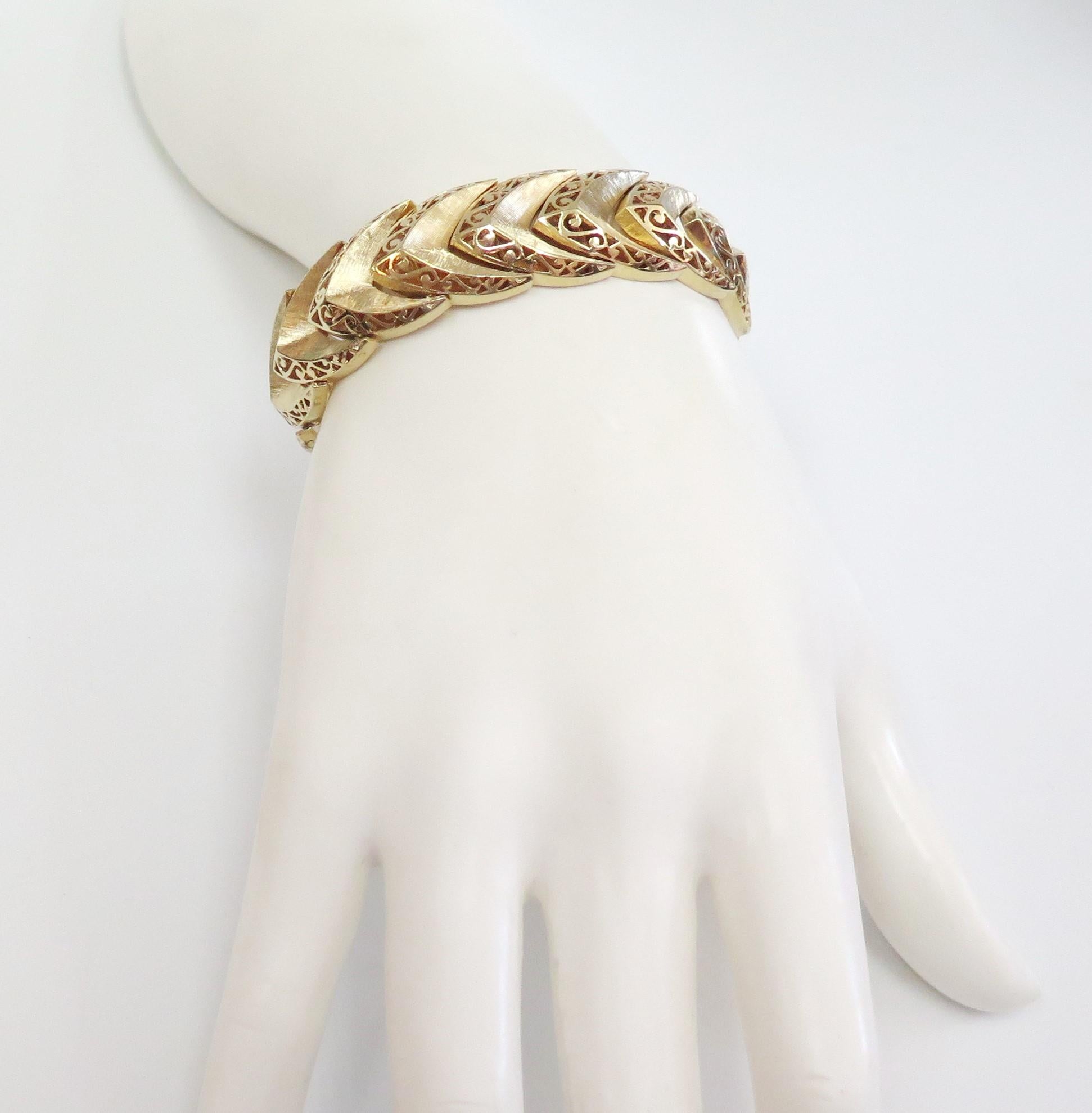 Wide Bracelet with Chevron and Scroll Design, 14 Karat Yellow Gold 5