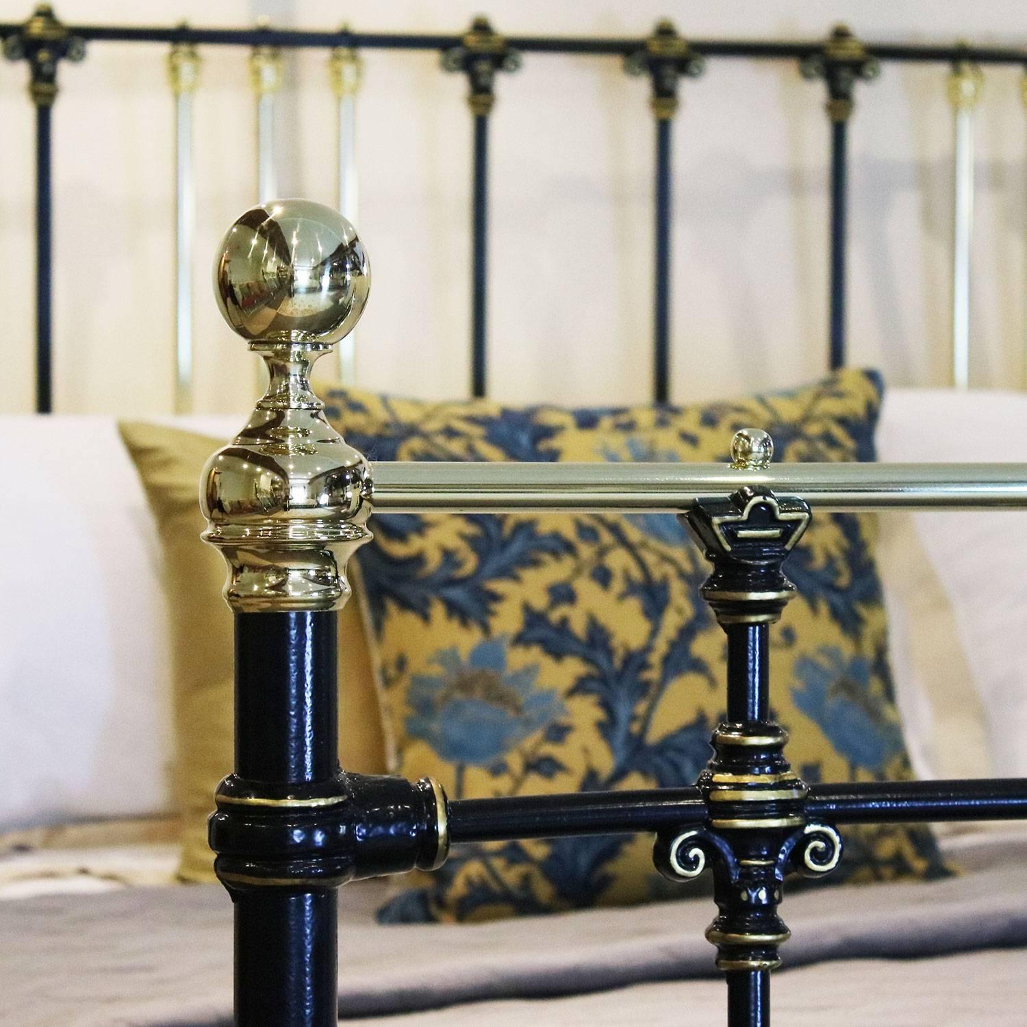 A handsome brass and iron bed adapted from an original Victorian frame with ornate castings that have been highlighted using the traditional technique of hand gold-lining.

This bed accepts a British Super kingsize or Californian kingsize (72