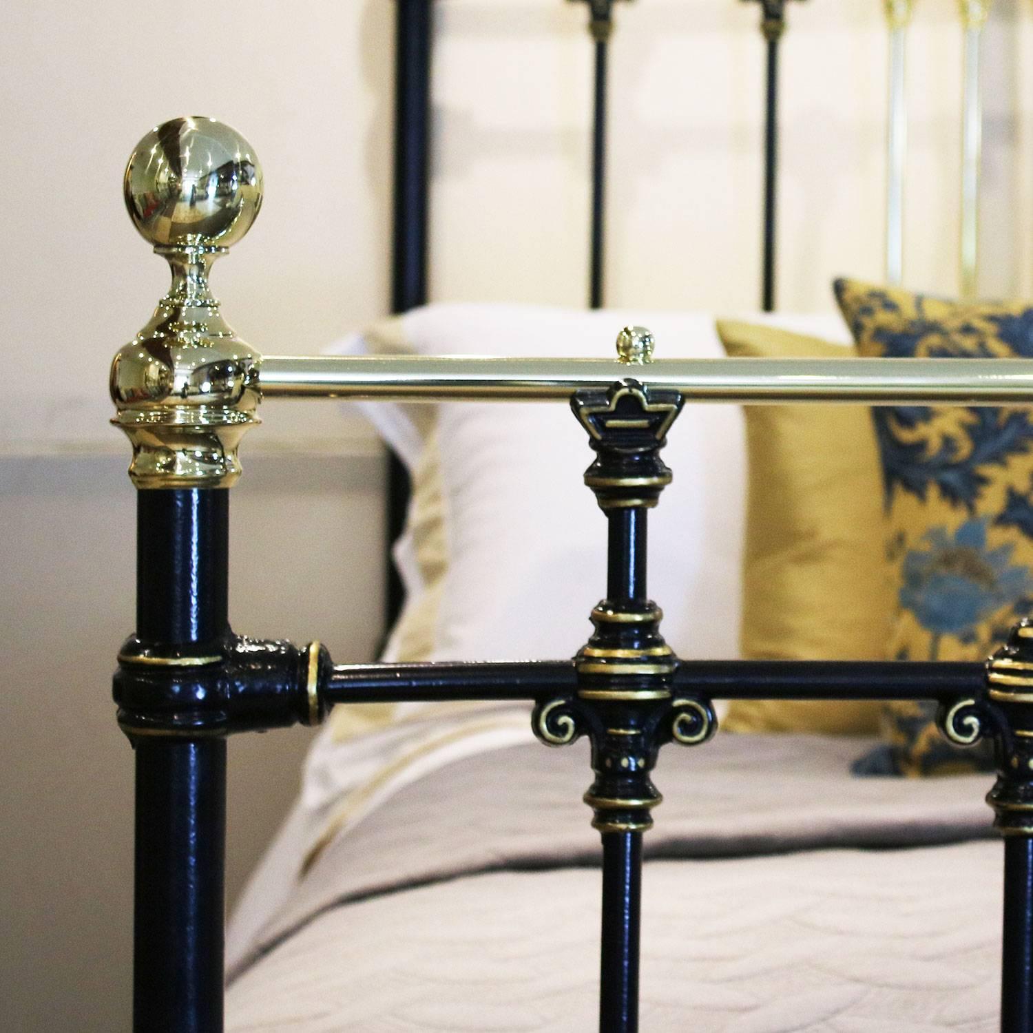 Victorian Wide Brass and Iron Bed in Black with Gold Lining, MSK47