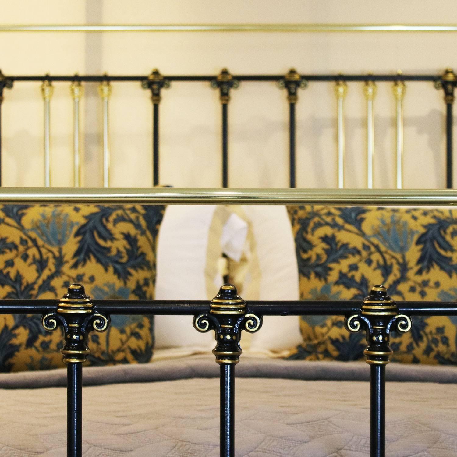 Cast Wide Brass and Iron Bed in Black with Gold Lining, MSK47
