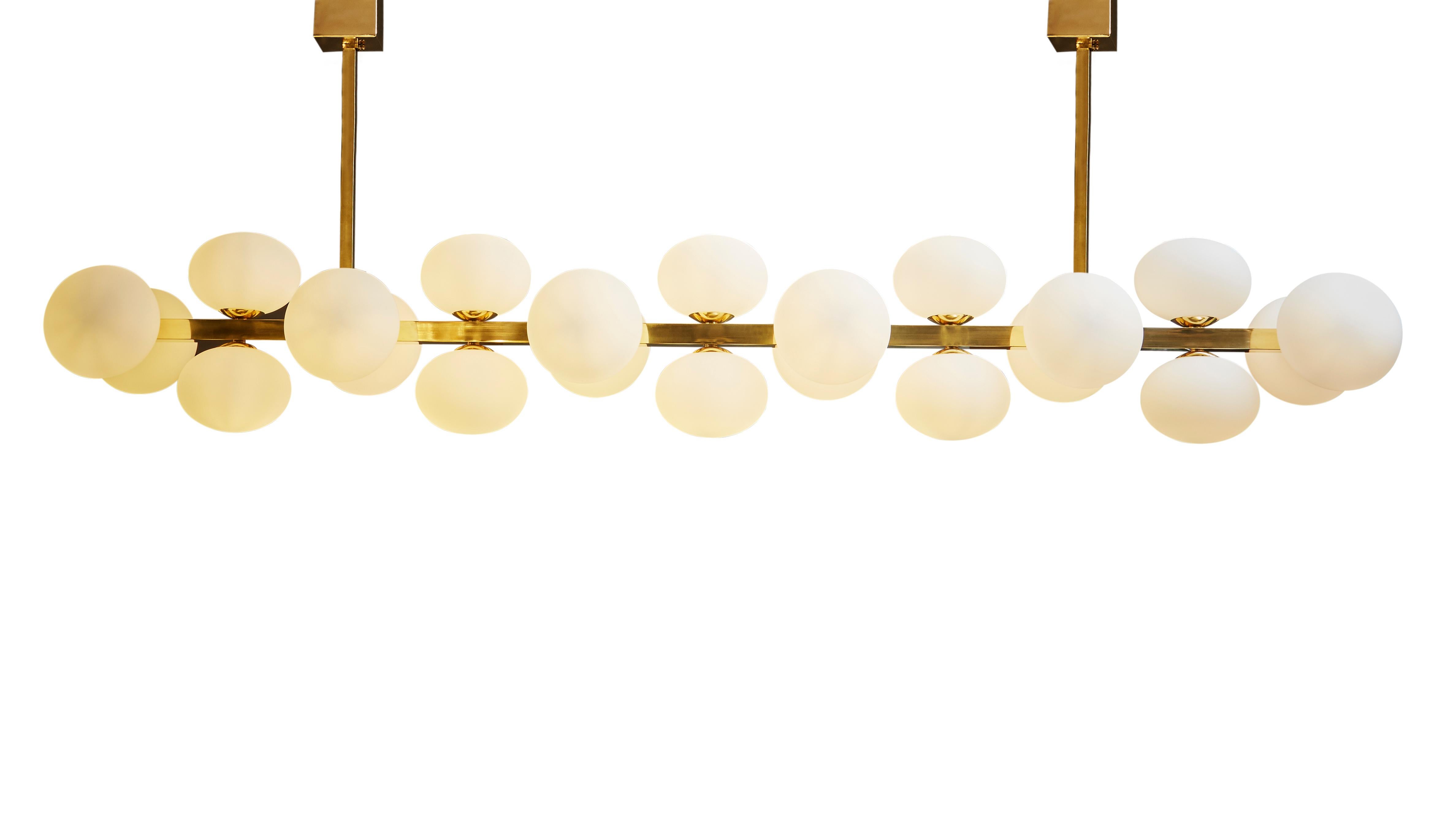 Glustin Luminaires design, wide chandelier made of a square horizontal rod holding twenty two lights incased in opaline globes.