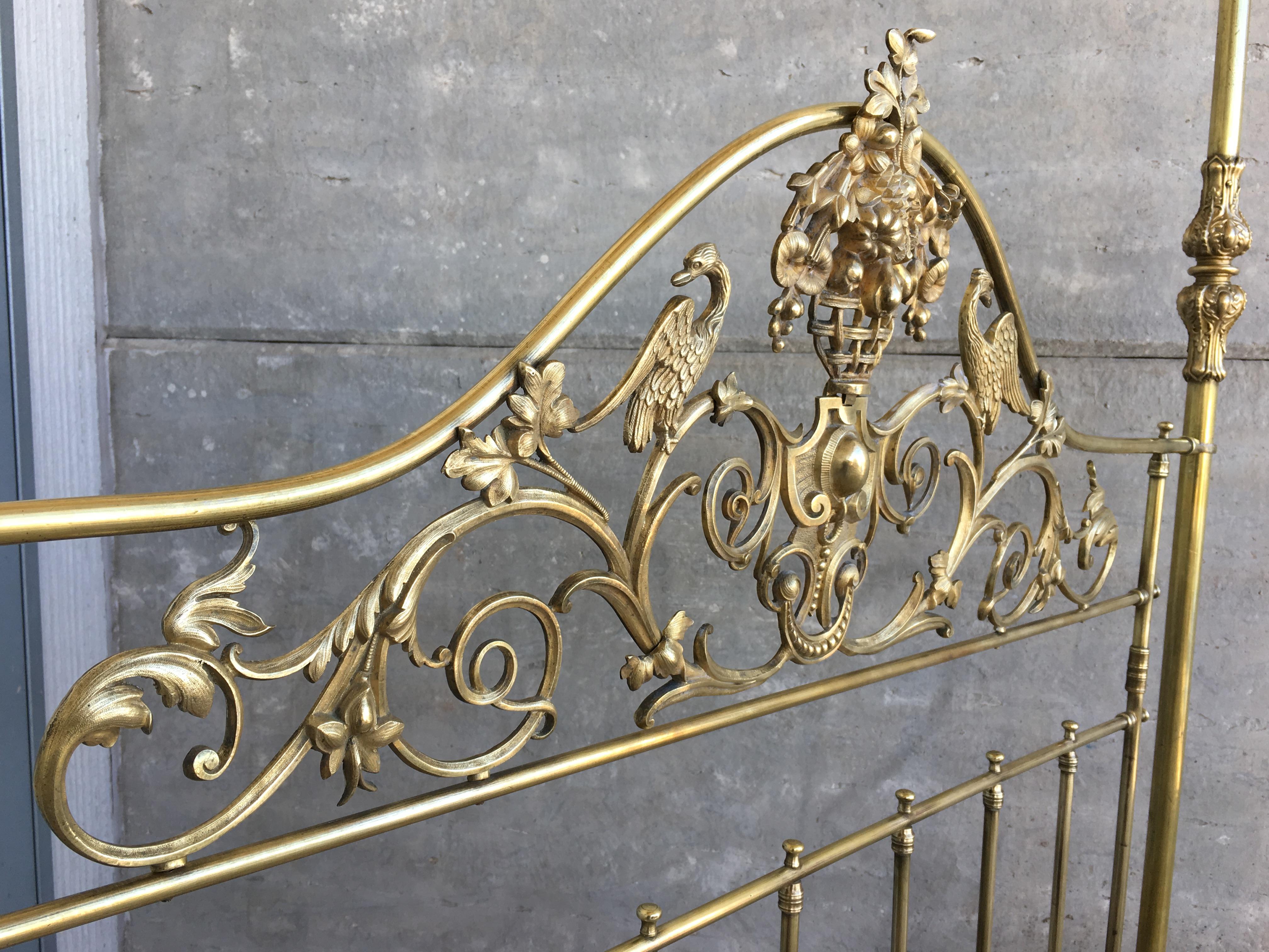 Wide Brass Four Poster Bed with Bird Castings, Ornamental Motifs and Crown 5