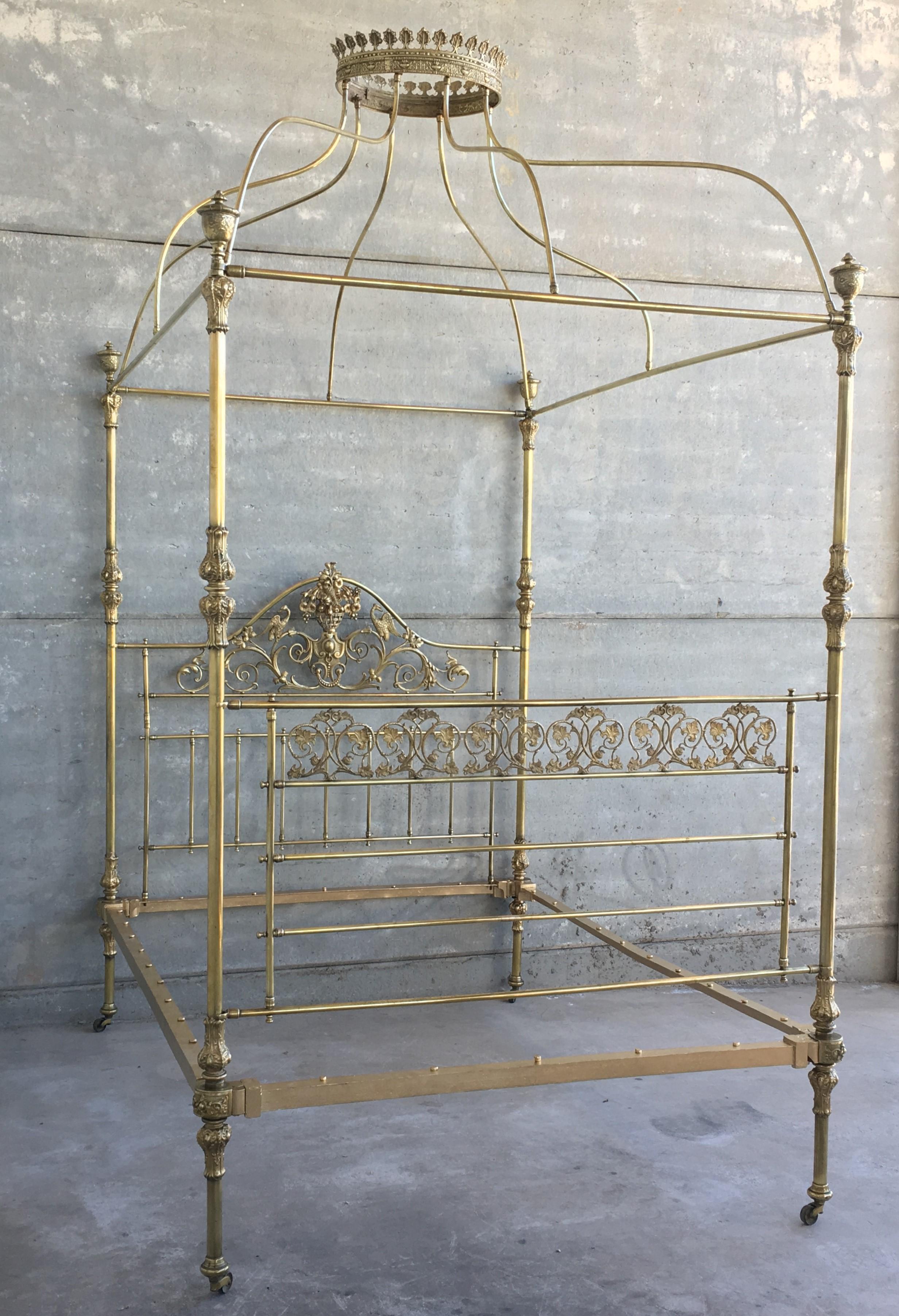 Victorian Wide Brass Four Poster Bed with Bird Castings, Ornamental Motifs and Crown