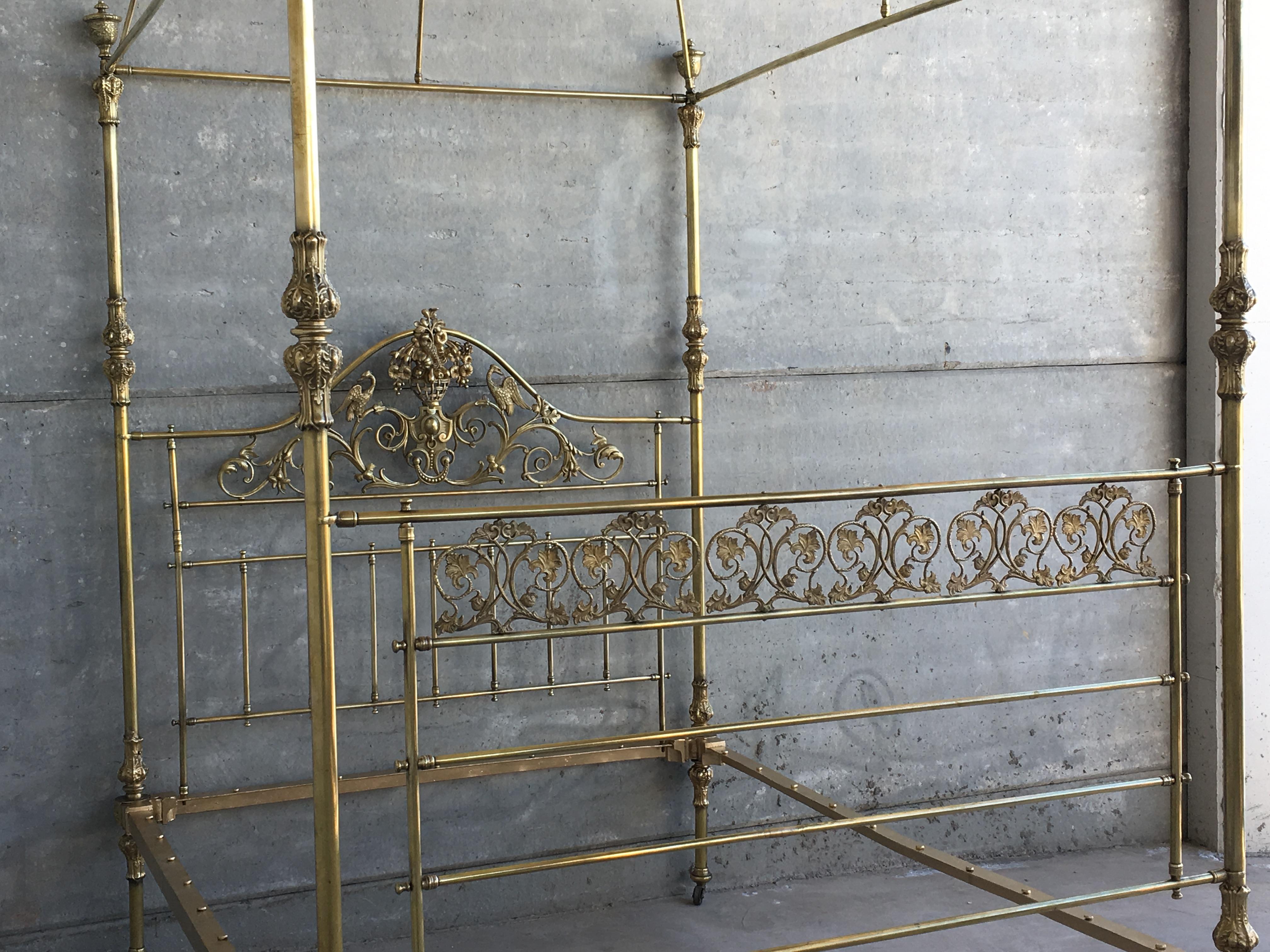 English Wide Brass Four Poster Bed with Bird Castings, Ornamental Motifs and Crown