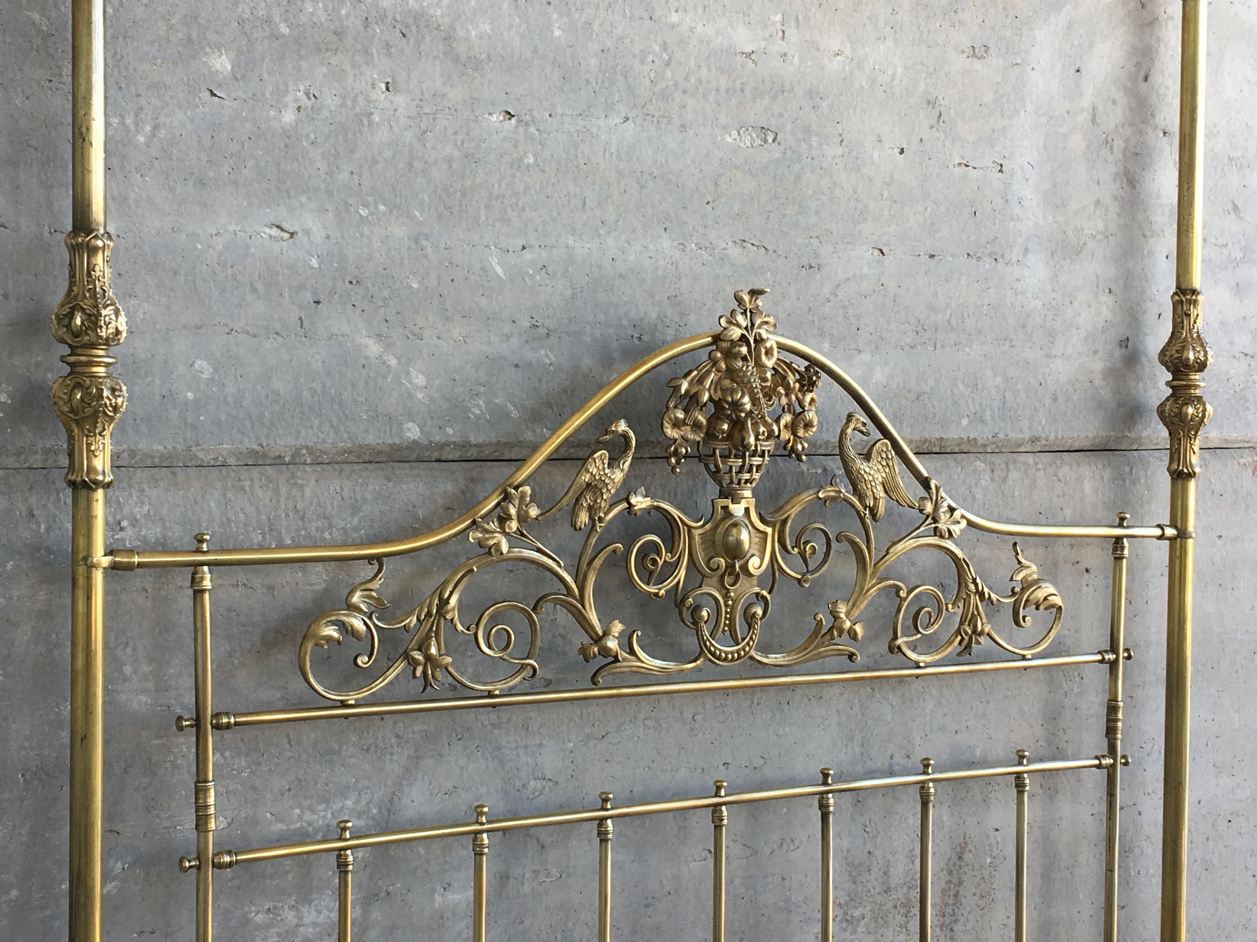 Wide Brass Four Poster Bed with Bird Castings, Ornamental Motifs and Crown 3