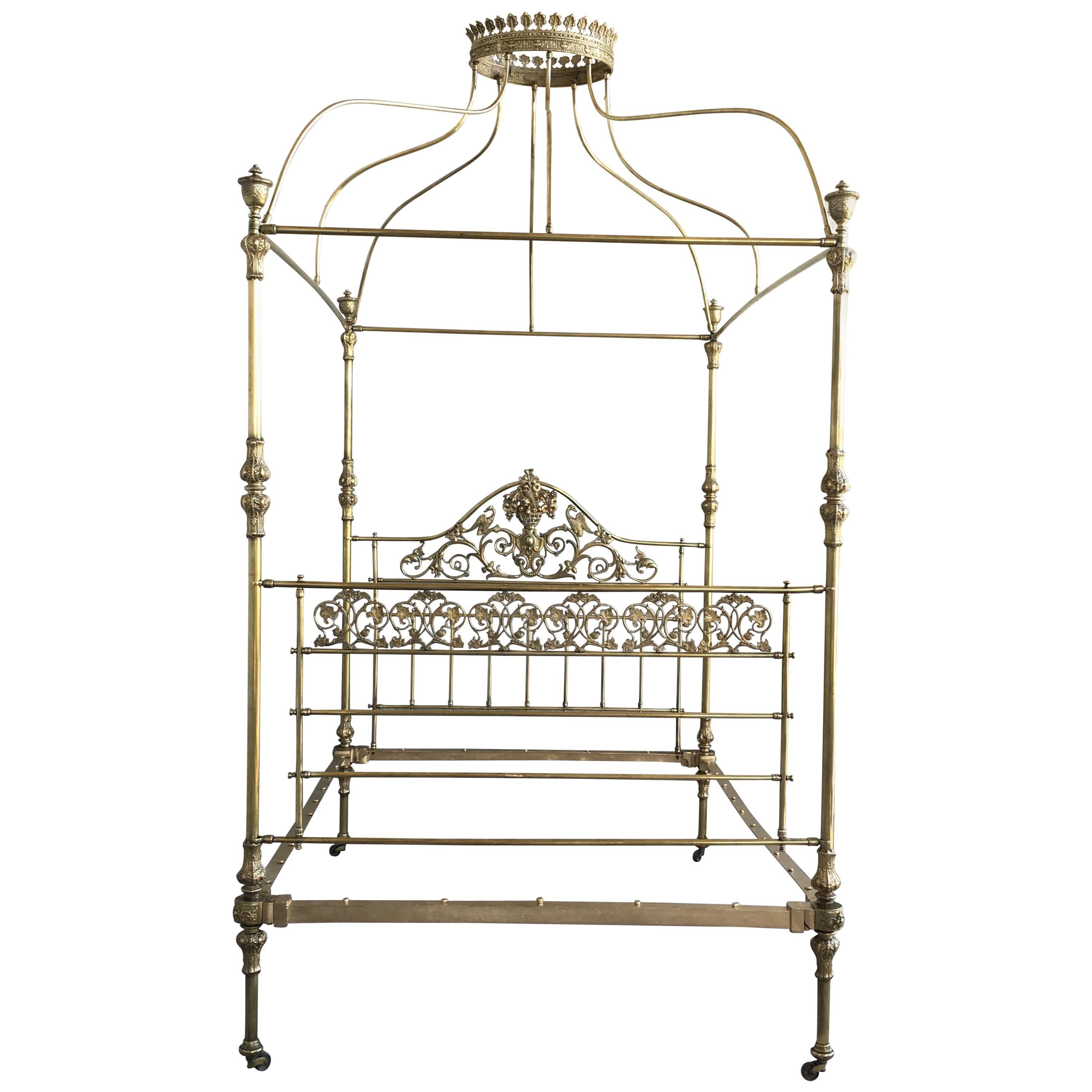Wide Brass Four Poster Bed with Bird Castings, Ornamental Motifs and Crown
