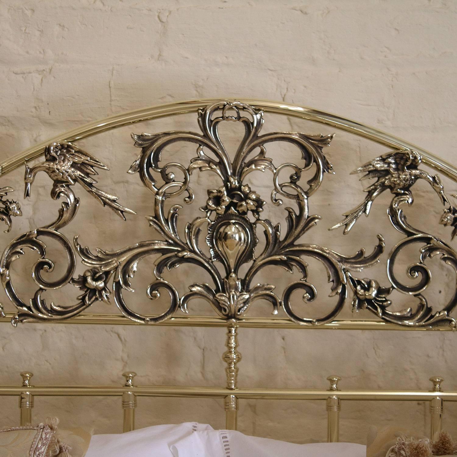 Wide Brass Four Poster Bed with Song Bird Castings and Crown, M4P25 1