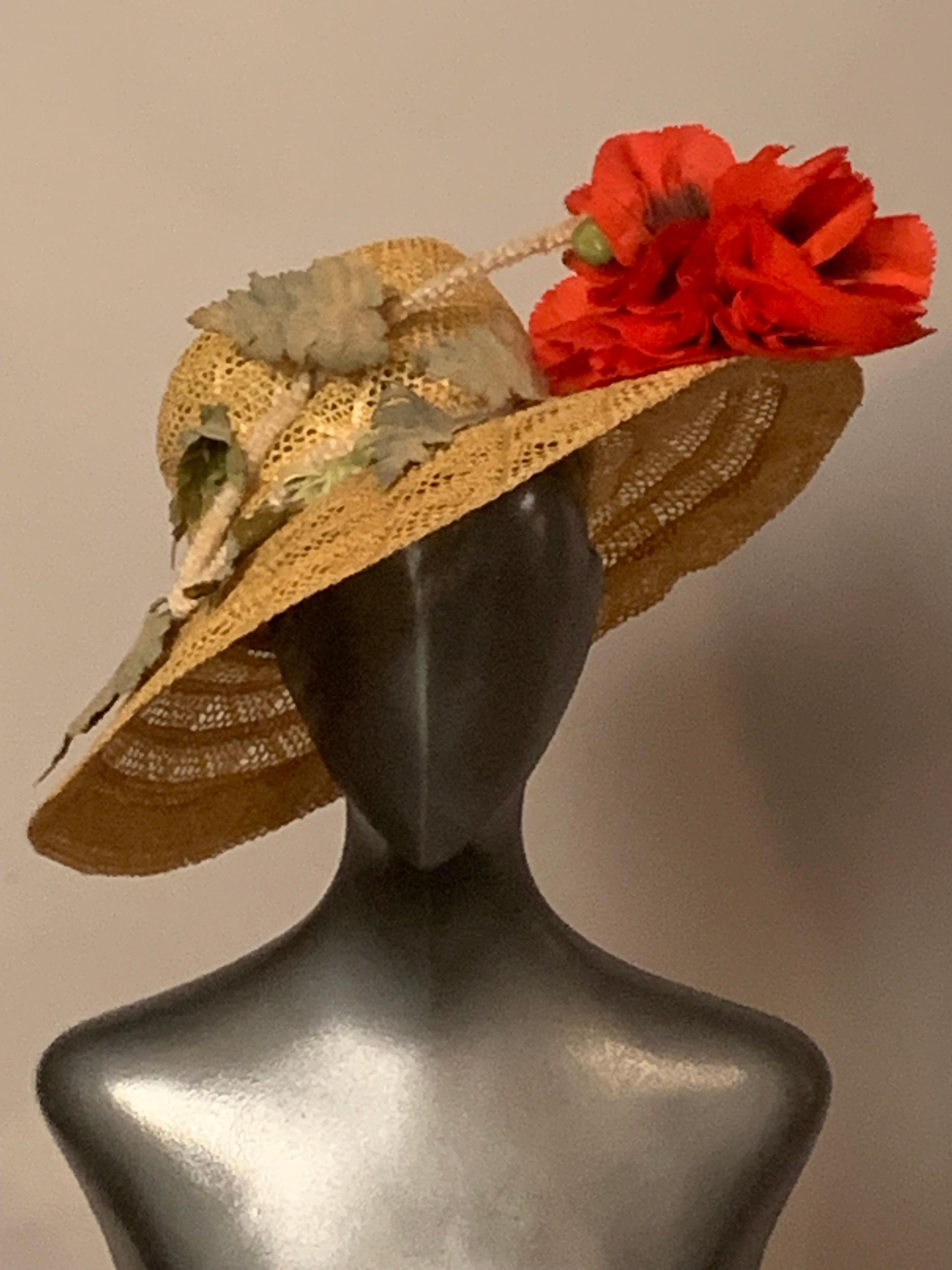 Brown Wide Brimmed Natural Straw Hat with Red Silk Poppy For Sale
