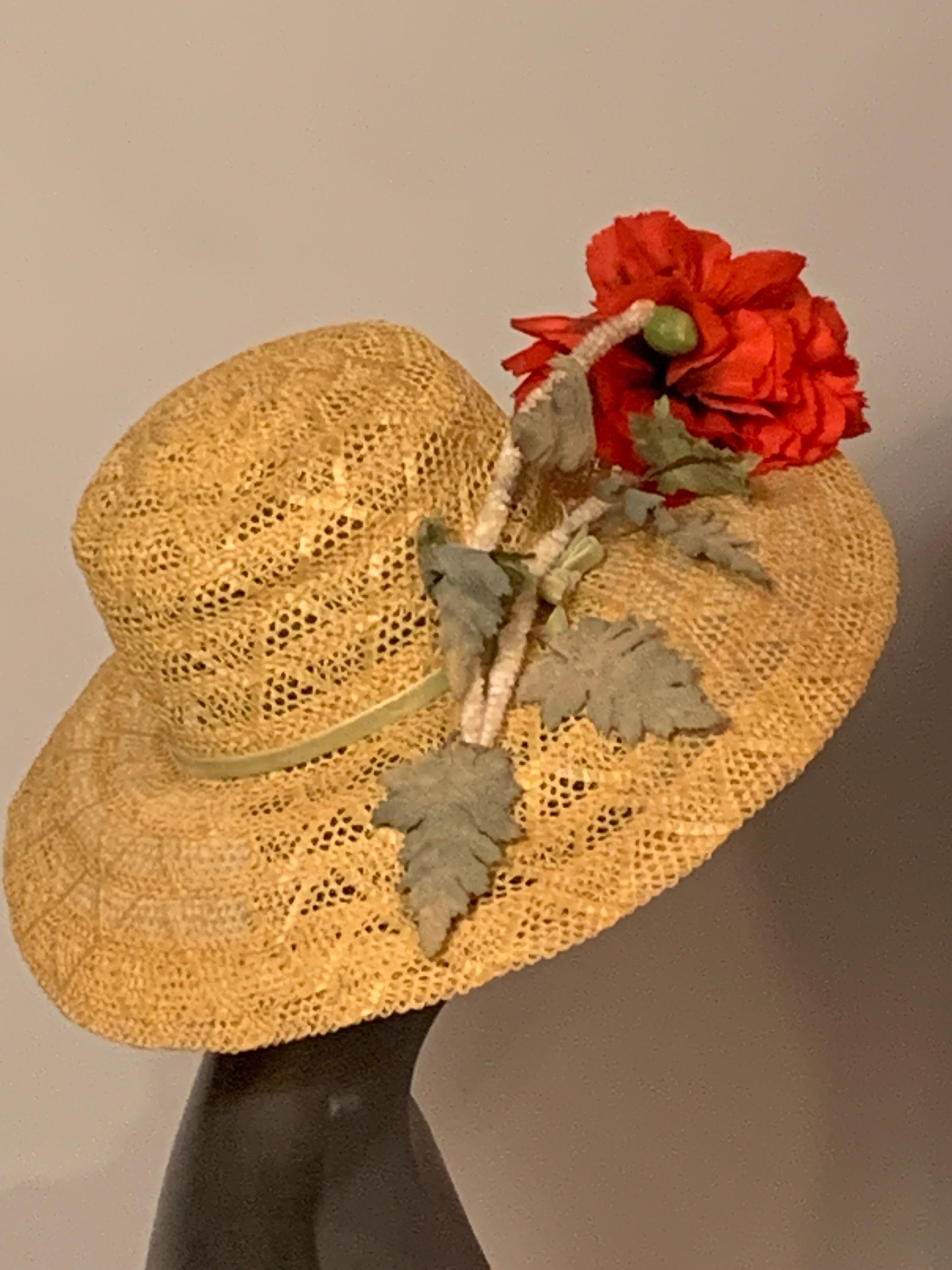 Wide Brimmed Natural Straw Hat with Red Silk Poppy In Good Condition For Sale In New Hope, PA