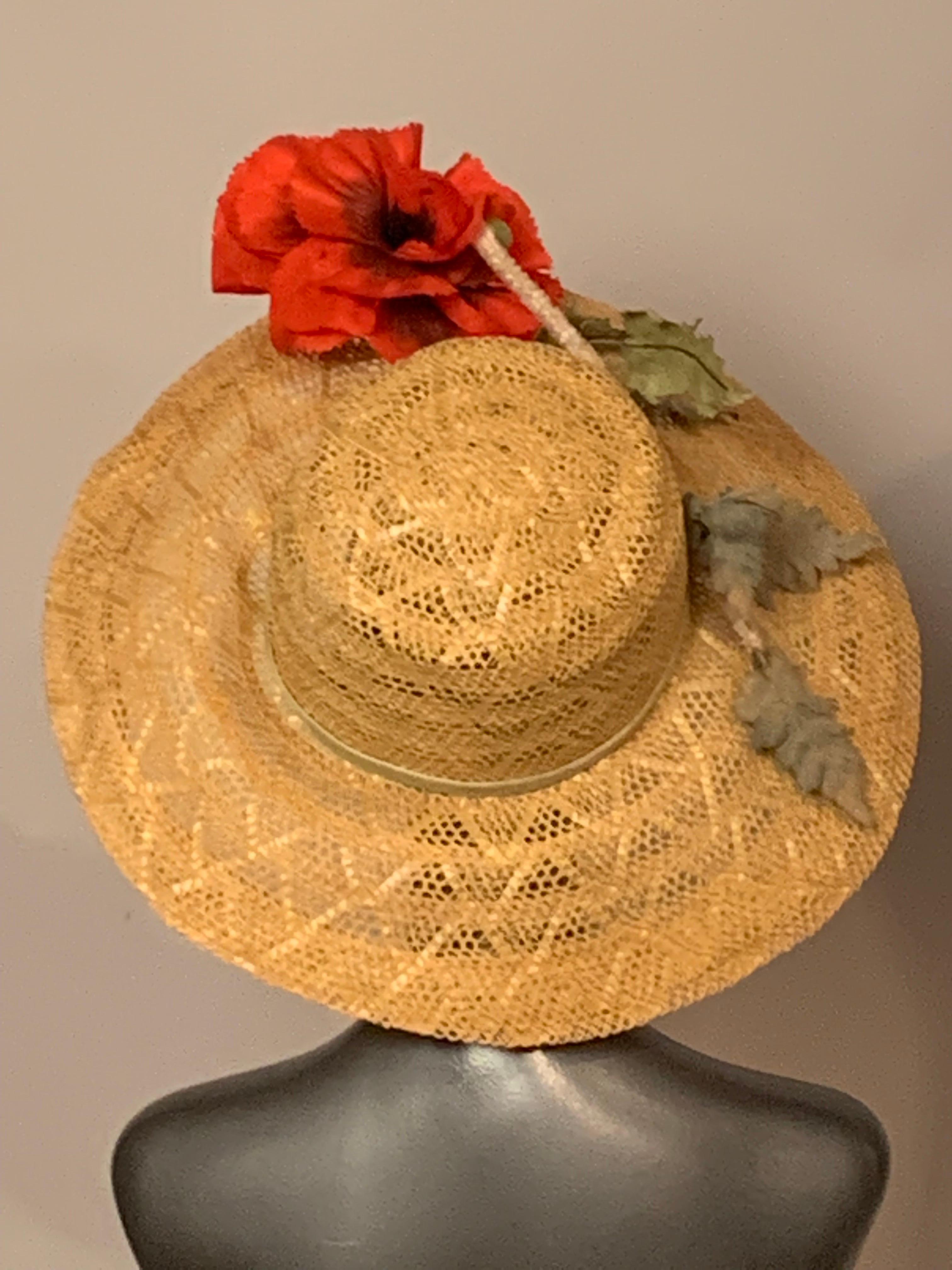 Women's Wide Brimmed Natural Straw Hat with Red Silk Poppy For Sale