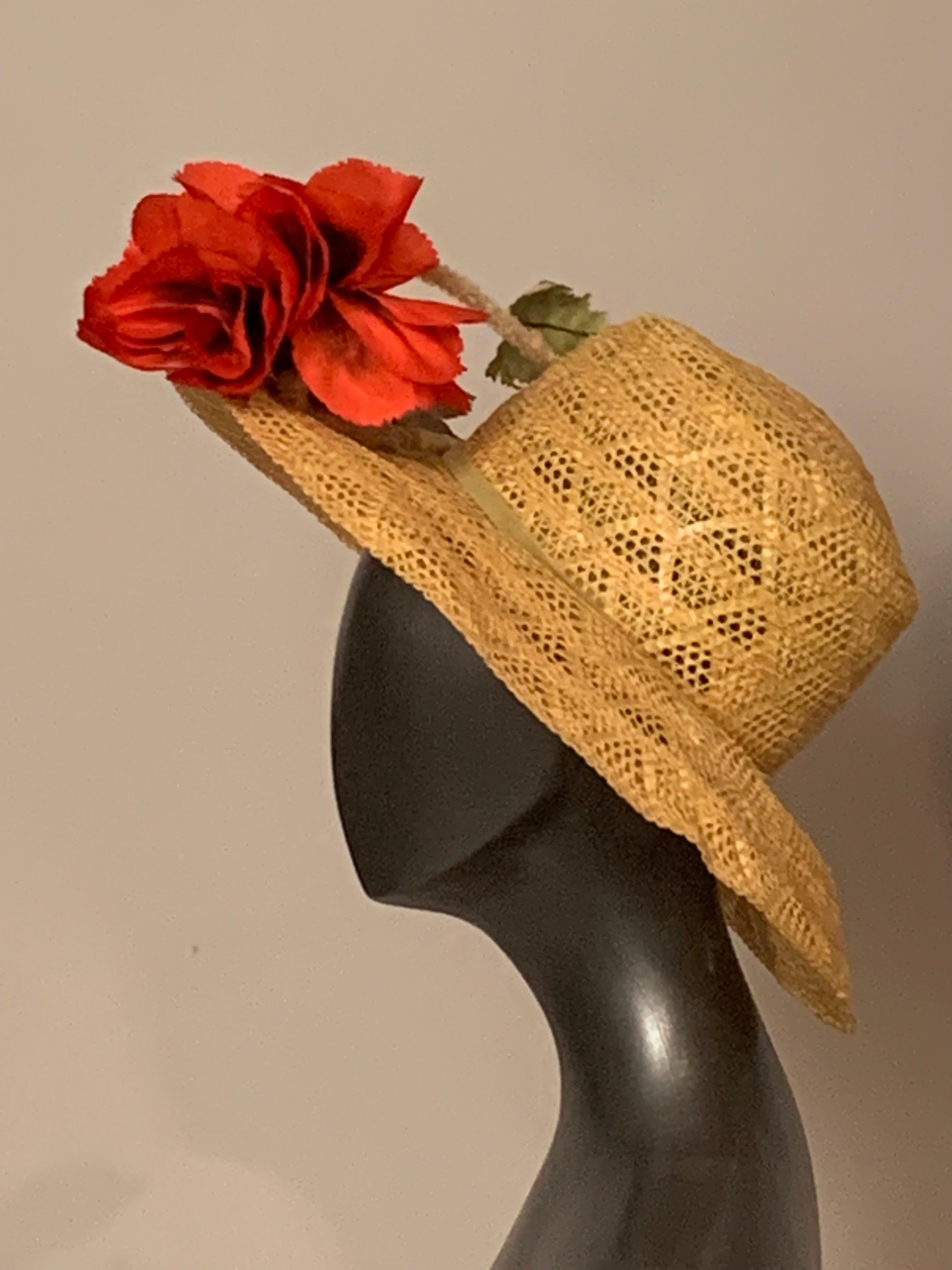 Wide Brimmed Natural Straw Hat with Red Silk Poppy For Sale 1