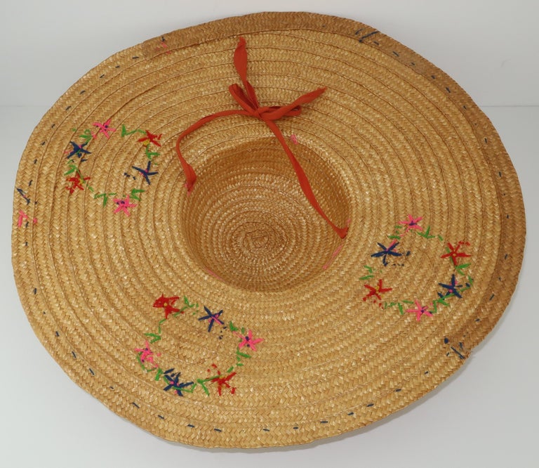Wide Brimmed Straw Hat With Heart Trim, 1950's at 1stDibs