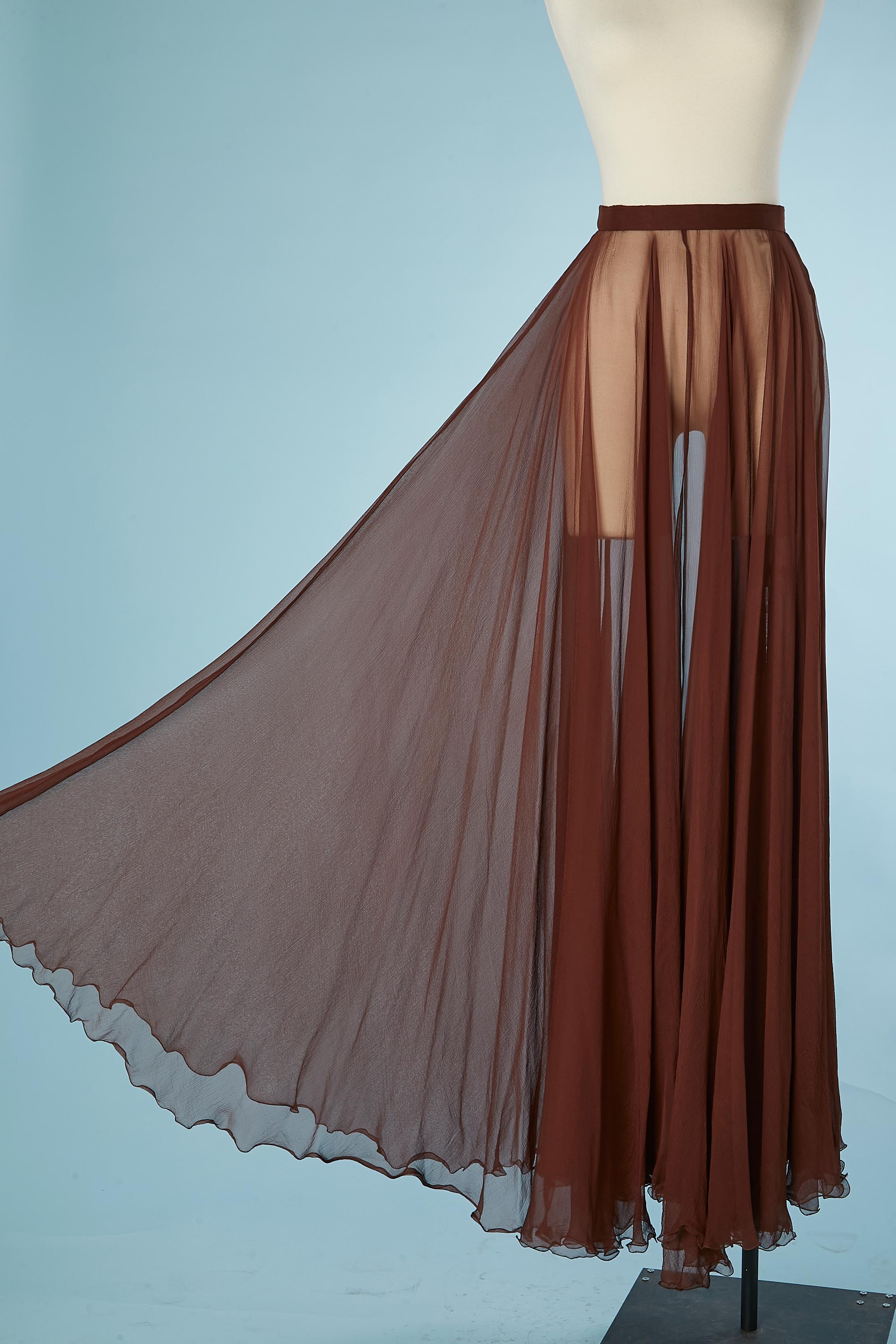 Wide brown silk chiffon see-through long skirt. Show Sample. 
Hook&eye in the middle back on the waist band and zip. Spring-summer 1993
SIZE S 