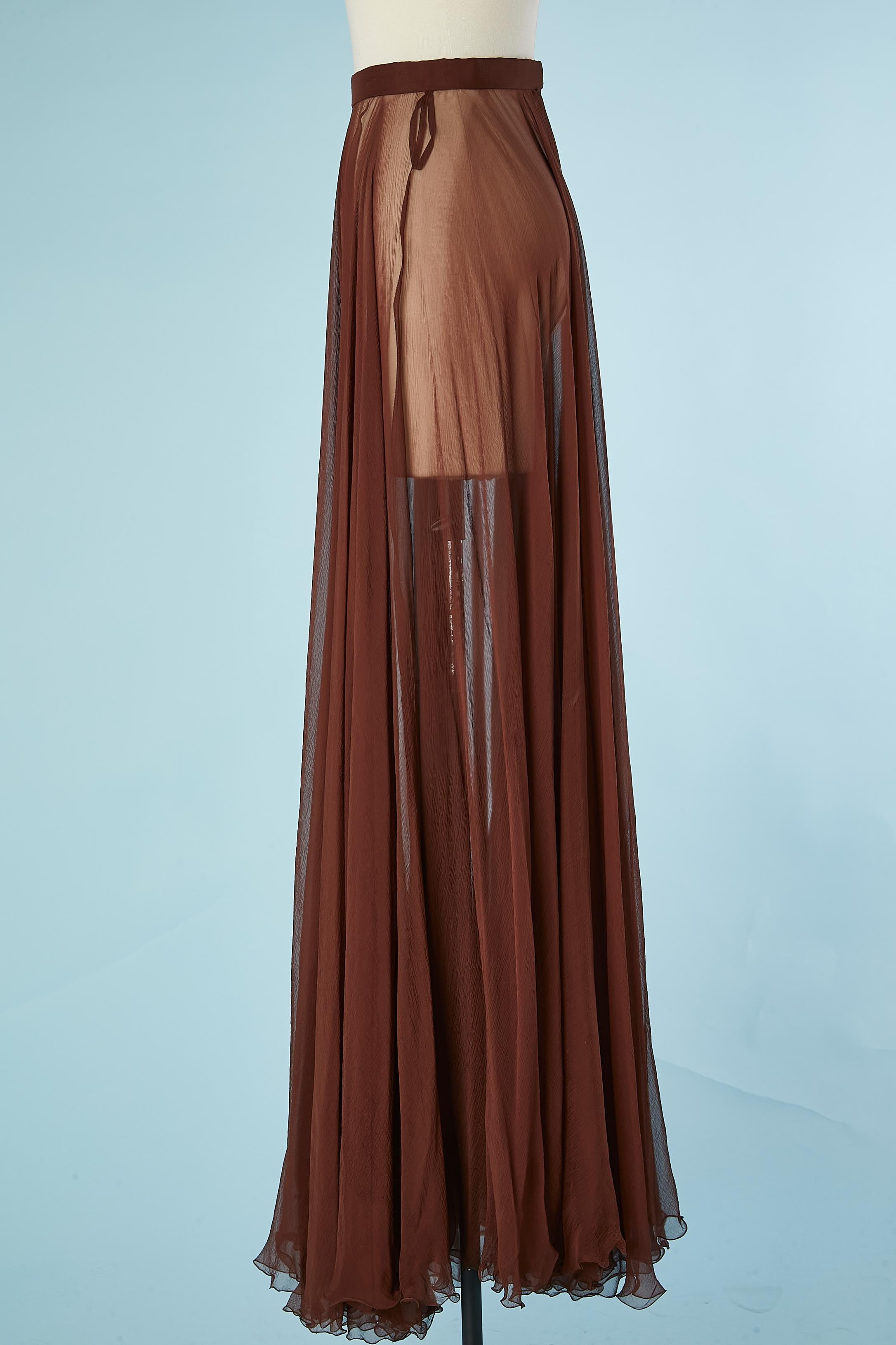 Women's Wide brown silk chiffon see-through long skirt Rochas 