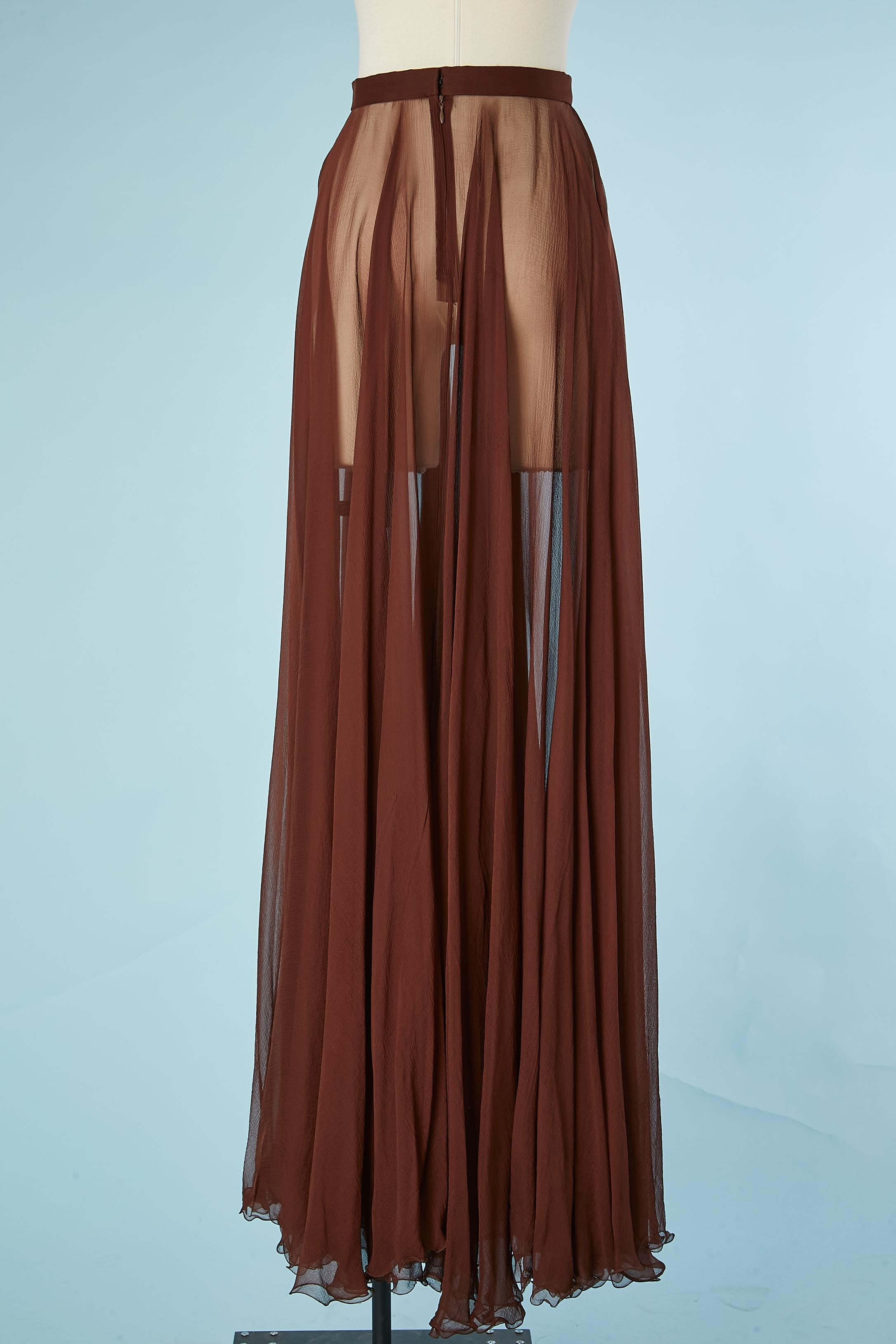 Wide brown silk chiffon see-through long skirt Rochas  1