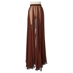 Wide brown silk chiffon see-through long skirt Rochas 