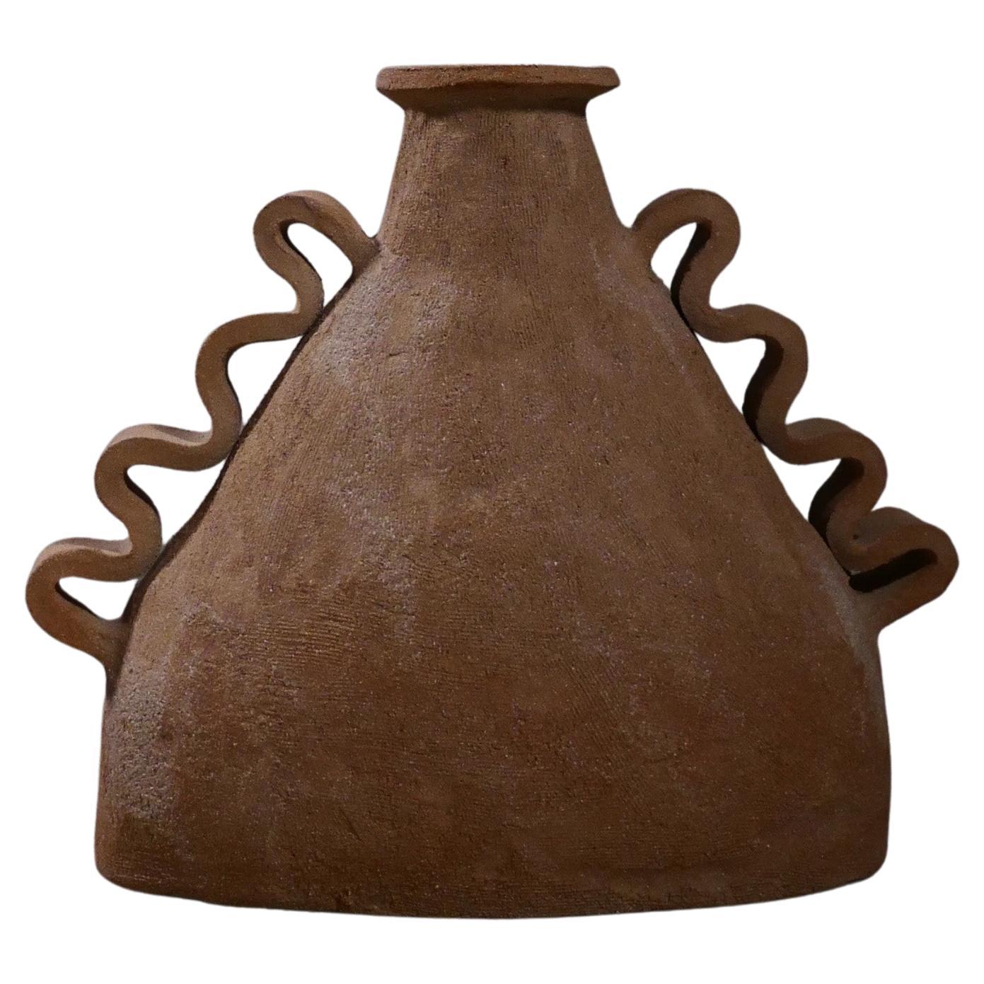 Wide Brown Textural Vase with Handles