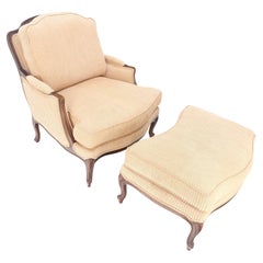 Wide Carved Walnut Frame Vintage  French Arm Chair w/ Matching Ottoman Chaise