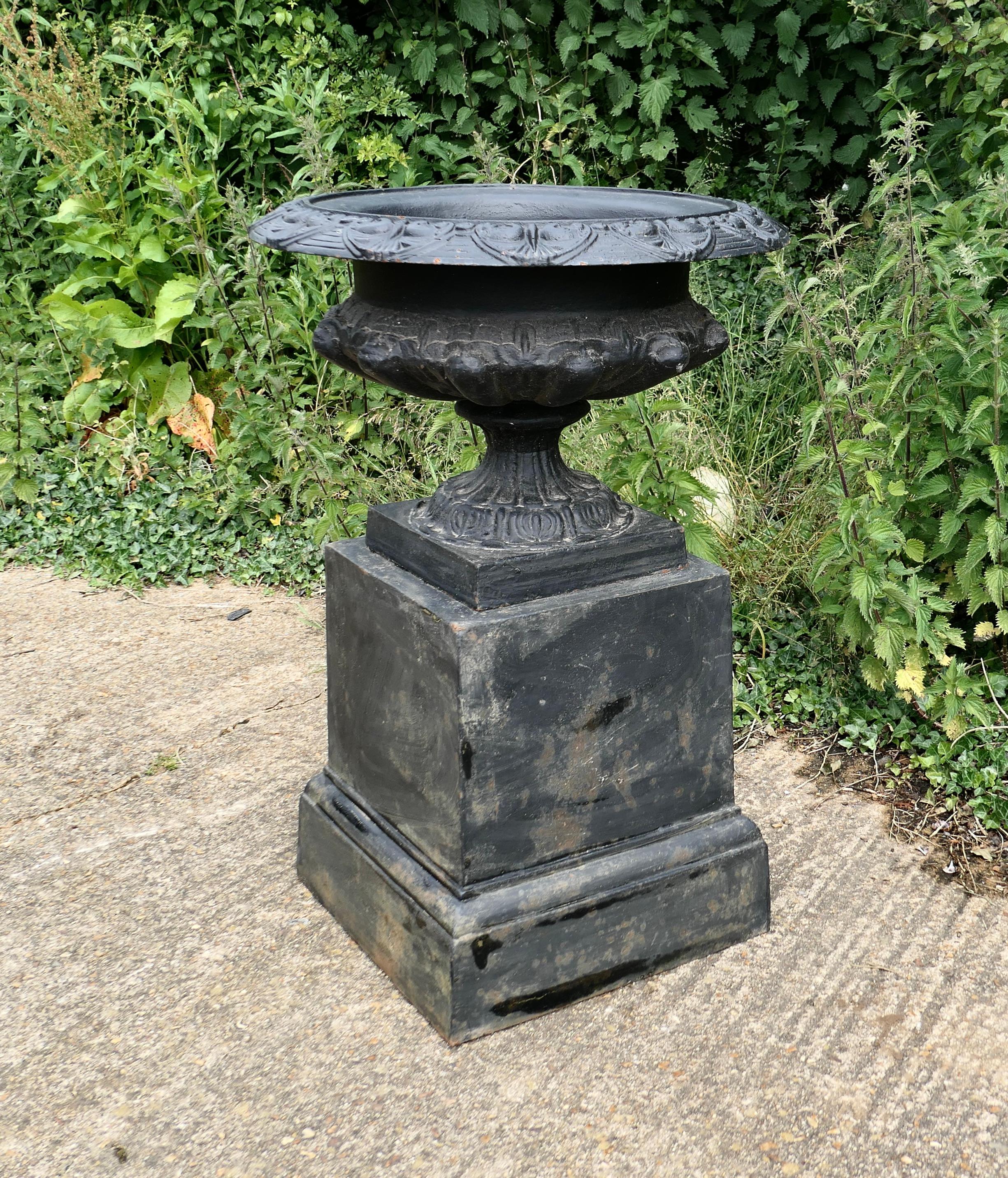 Wide  Cast Iron Urn, Garden Planter

This is a superb large urn on a plinth, the urn is cast iron with its own plinth
The urn and stand is in very good condition it is weather worn and has slightly rusty paint which has protected it from the