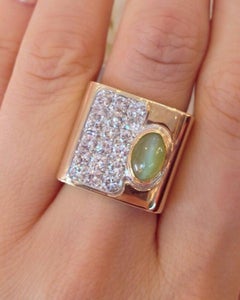 Wide Cat's Eye Chrysoberyl and Diamond Ring in 14K Yellow Gold