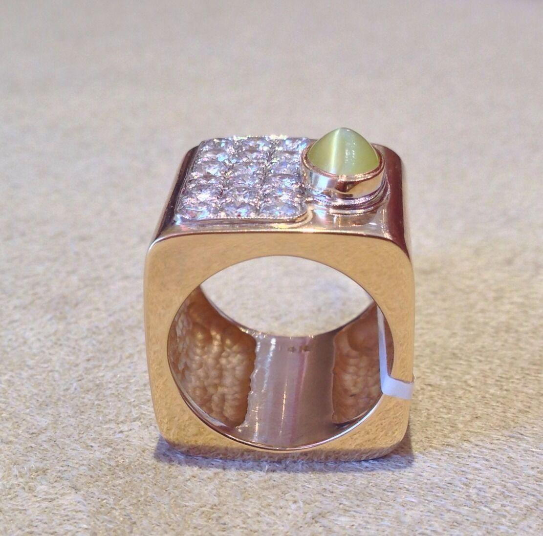 Breiter Ring aus 14 Karat Gelbgold mit Katzenauge Chrysoberyll und Diamant für Damen oder Herren im Angebot