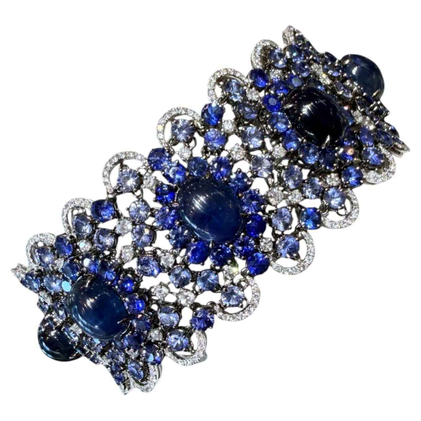 Natural Ceylon Sapphire & Diamond Bracelet 89.40 carat Wide Statement Jewelry