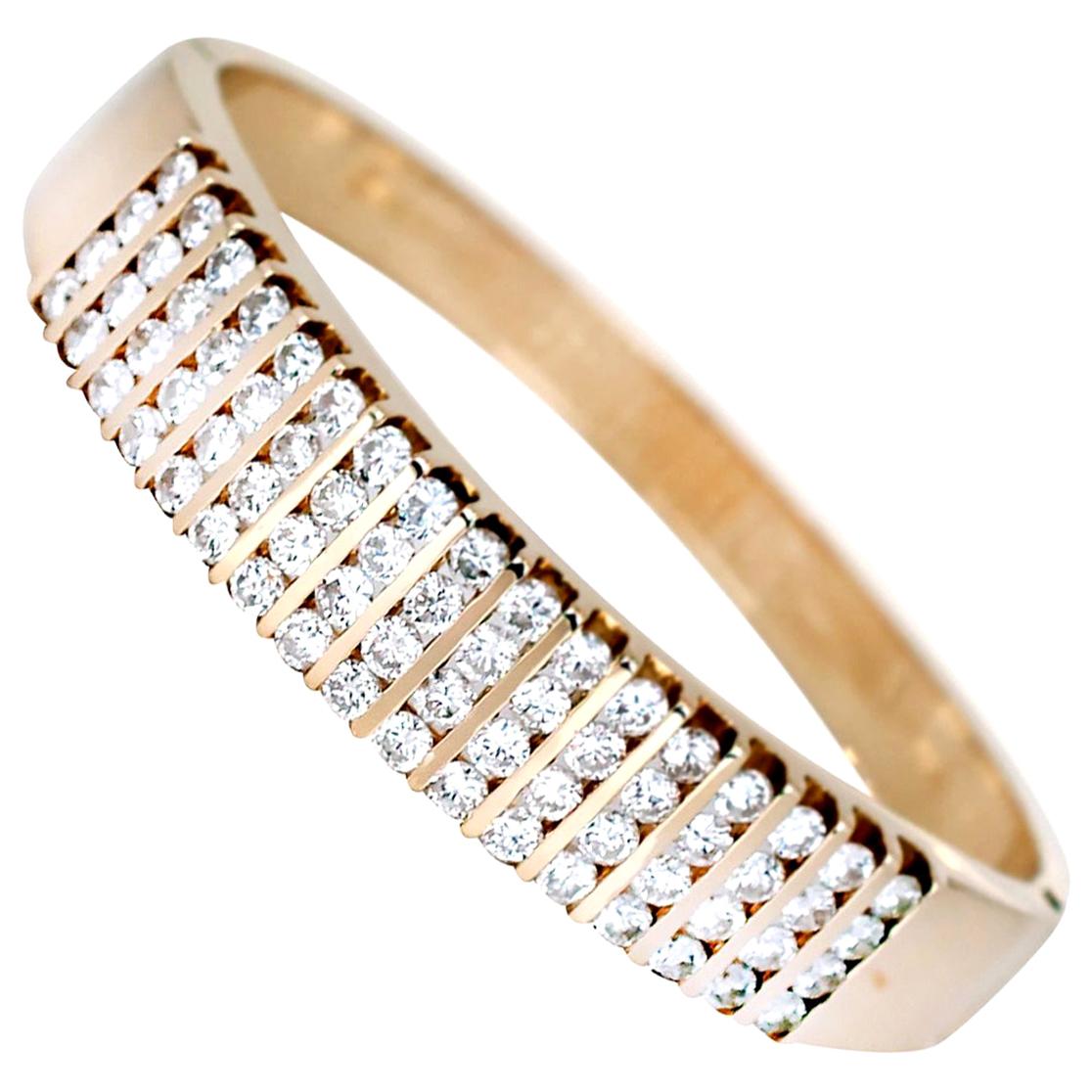 Wide Channel Diamond Bangle Bracelet 6 Carat 14 Karat Yellow Gold For Sale