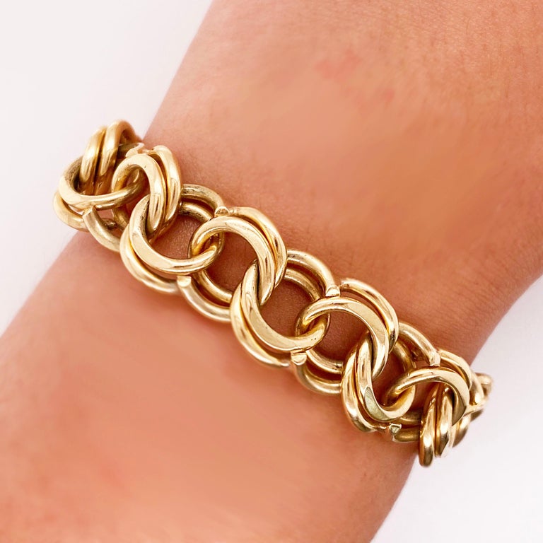Wide Charm Bracelet with Double Loop, Wide, 14 Karat Solid Gold, Loop Bracelet at 1stDibs
