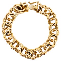 Vintage Wide Charm Bracelet with Double Loop, Wide, 14 Karat Solid Gold, Loop Bracelet