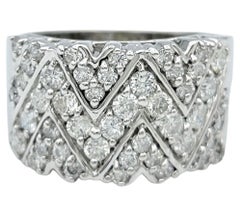 Wide Chevron Motif Round Diamond Band Ring in 14 Karat White Gold