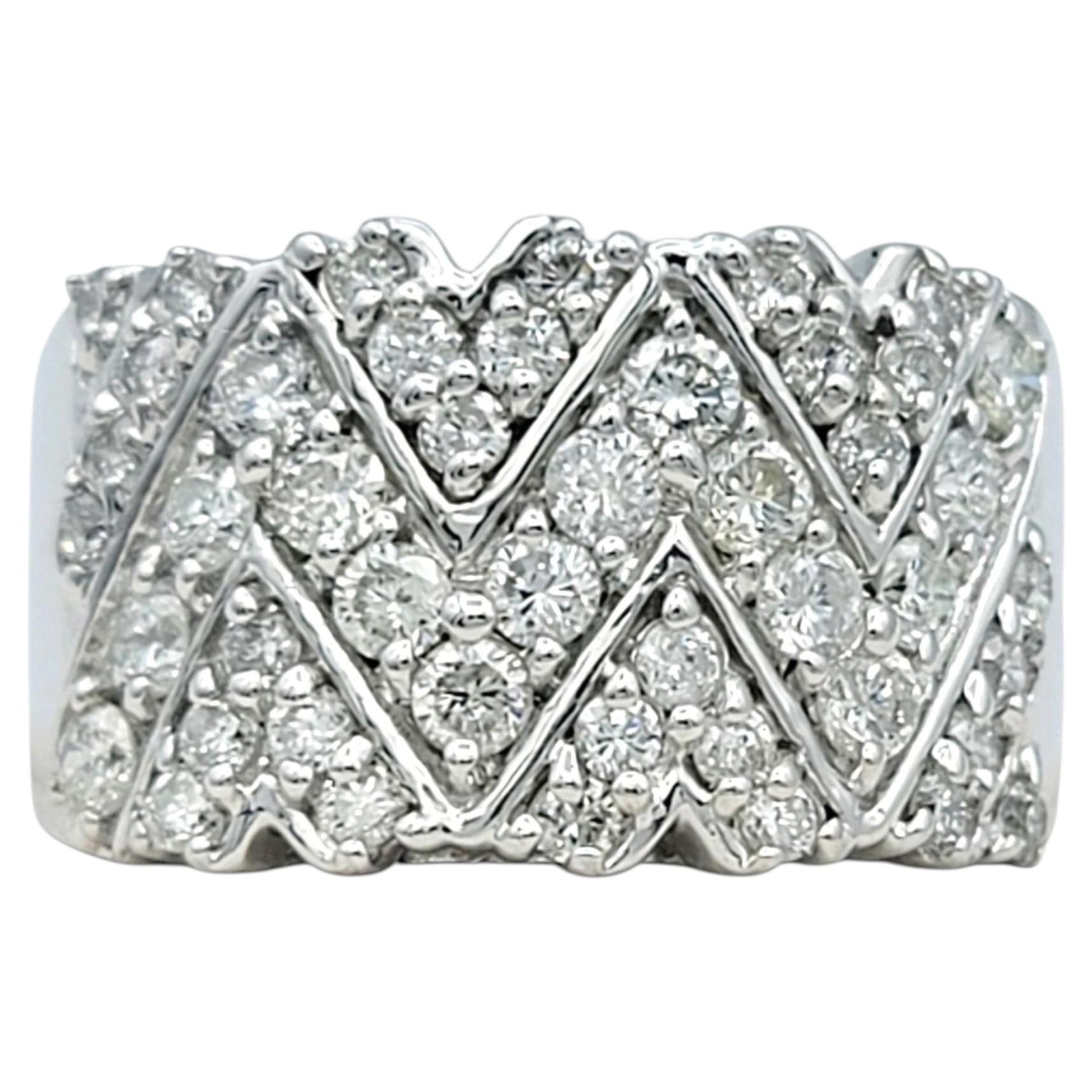 Wide Chevron Motif Round Diamond Band Ring in 14 Karat White Gold