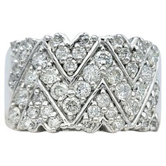 Wide Chevron Motif Round Diamond Band Ring in 14 Karat White Gold