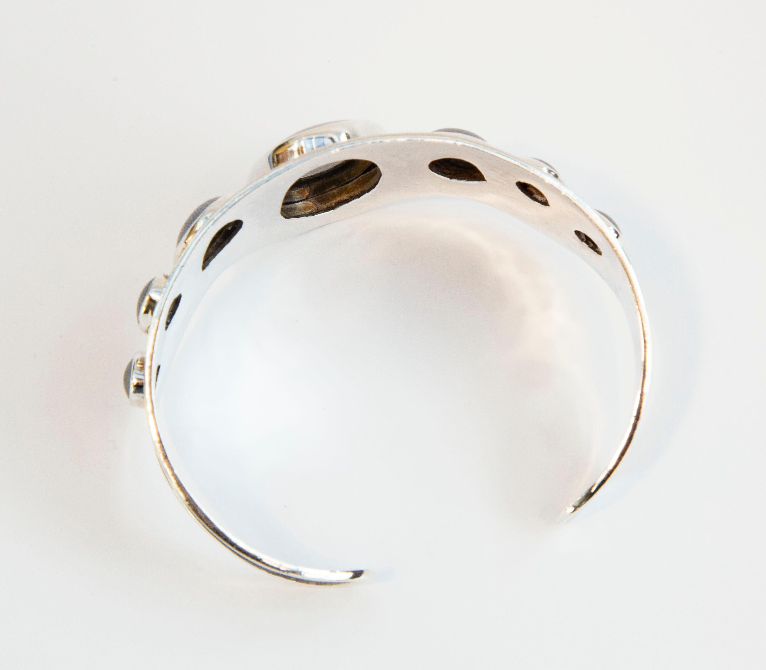 Artisan Wide Contoured Sterling Silver Hammered Cuff  Bracelet with Oval Hematite Caboch For Sale